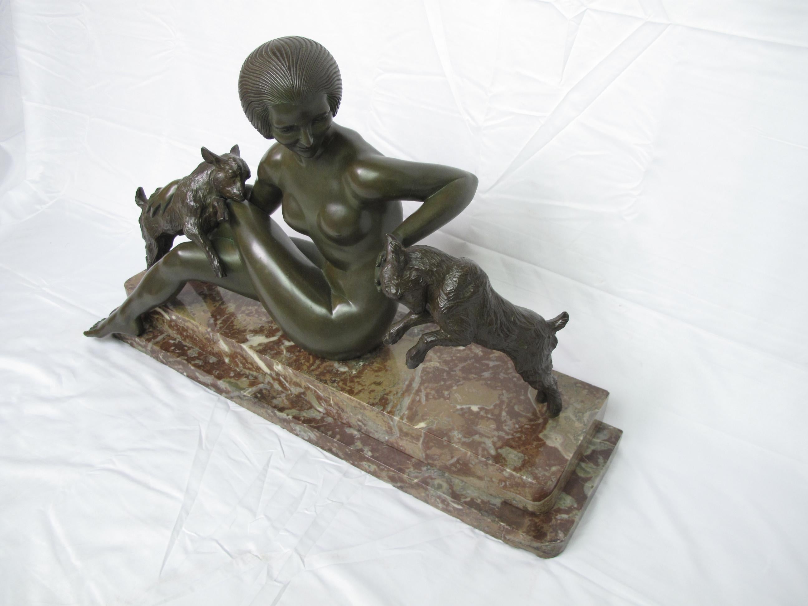 French Art Deco Bronze Sculpture, Maurice Guiraud Riviere, Nude Woman with Kid Goats For Sale