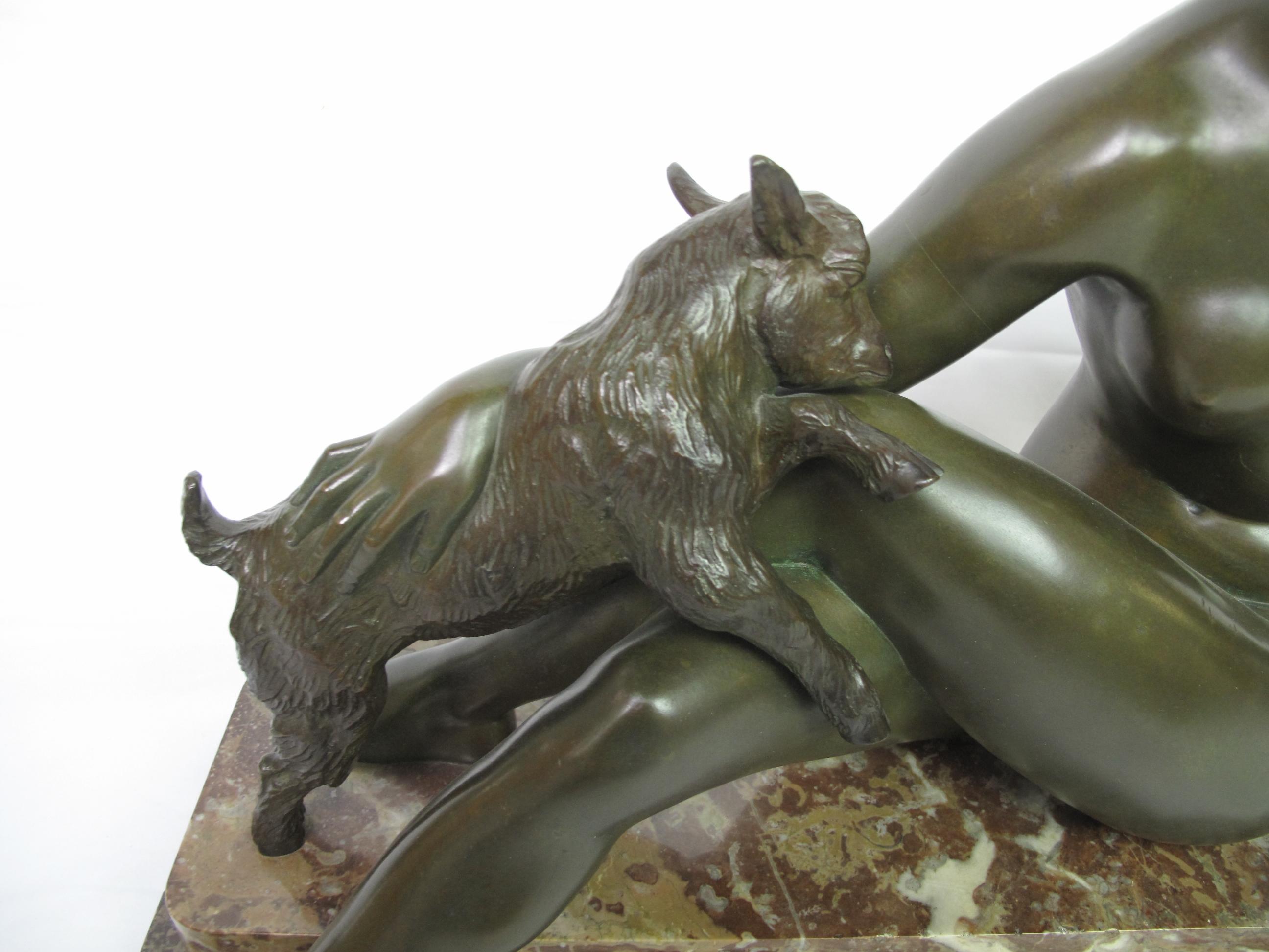 Art Deco Bronze Sculpture, Maurice Guiraud Riviere, Nude Woman with Kid Goats In Good Condition For Sale In Portland, OR