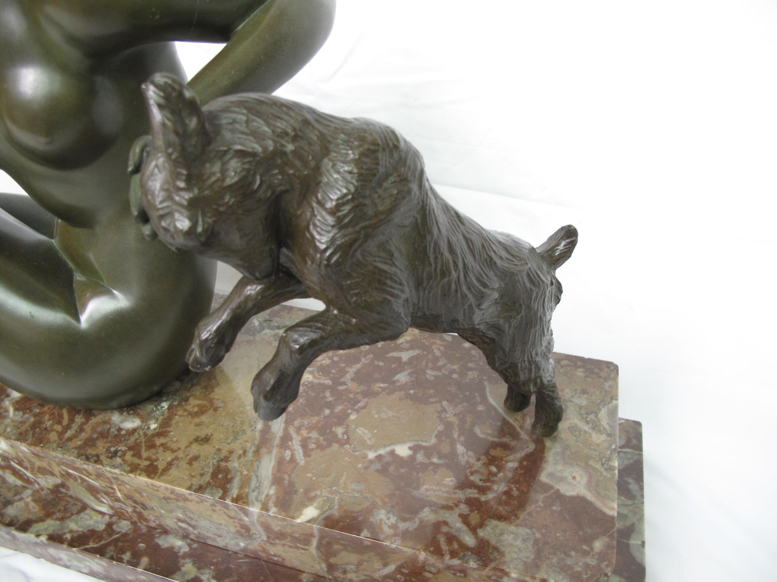 20th Century Art Deco Bronze Sculpture, Maurice Guiraud Riviere, Nude Woman with Kid Goats For Sale