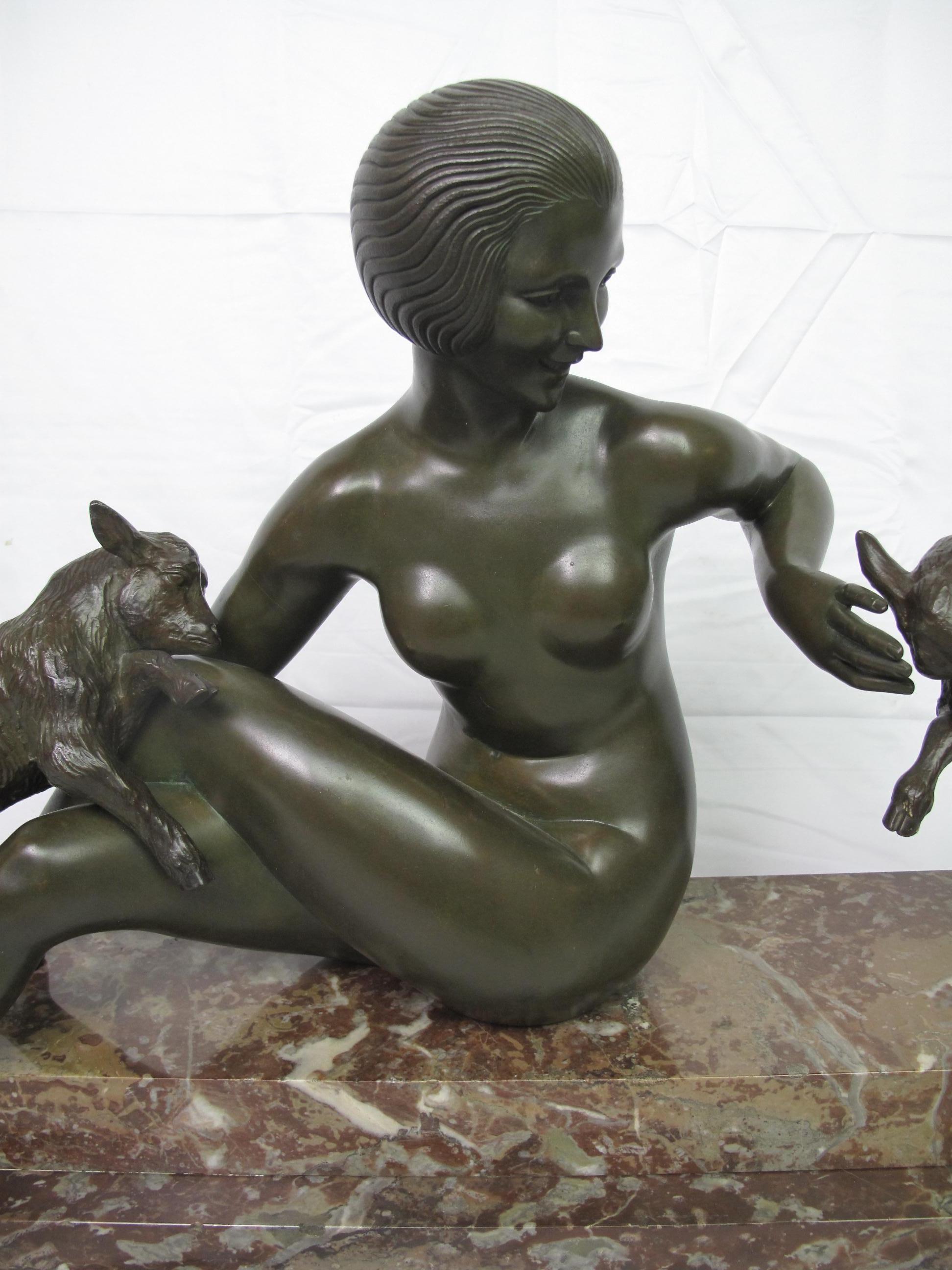 Art Deco Bronze Sculpture, Maurice Guiraud Riviere, Nude Woman with Kid Goats For Sale 1
