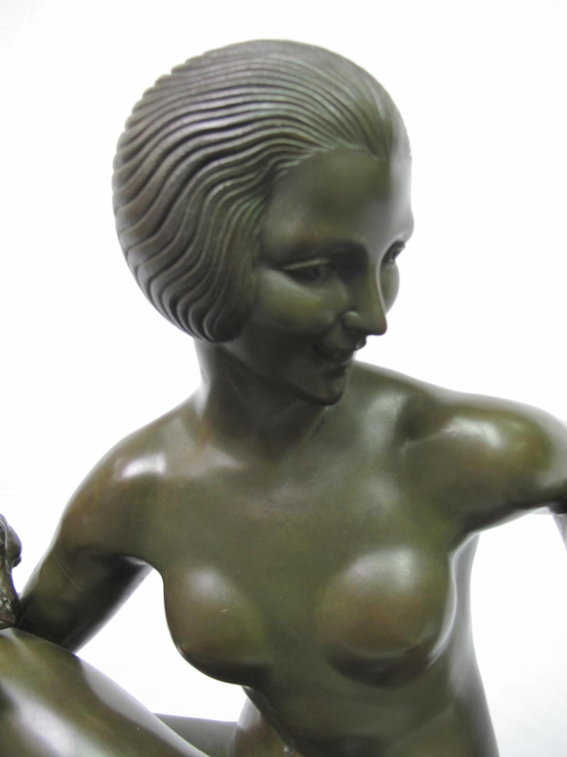 Art Deco Bronze Sculpture, Maurice Guiraud Riviere, Nude Woman with Kid Goats For Sale 2