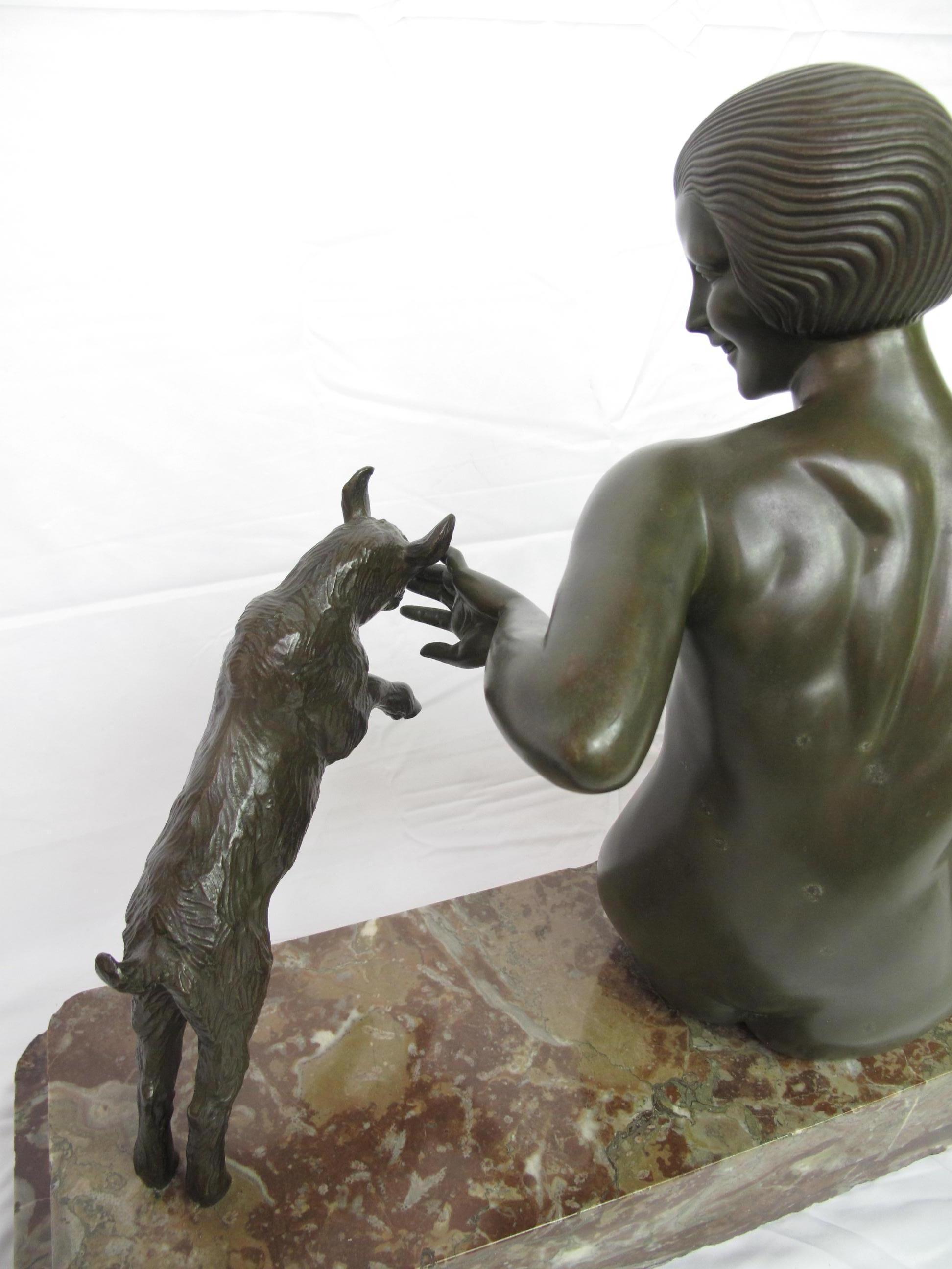 Art Deco Bronze Sculpture, Maurice Guiraud Riviere, Nude Woman with Kid Goats For Sale 3