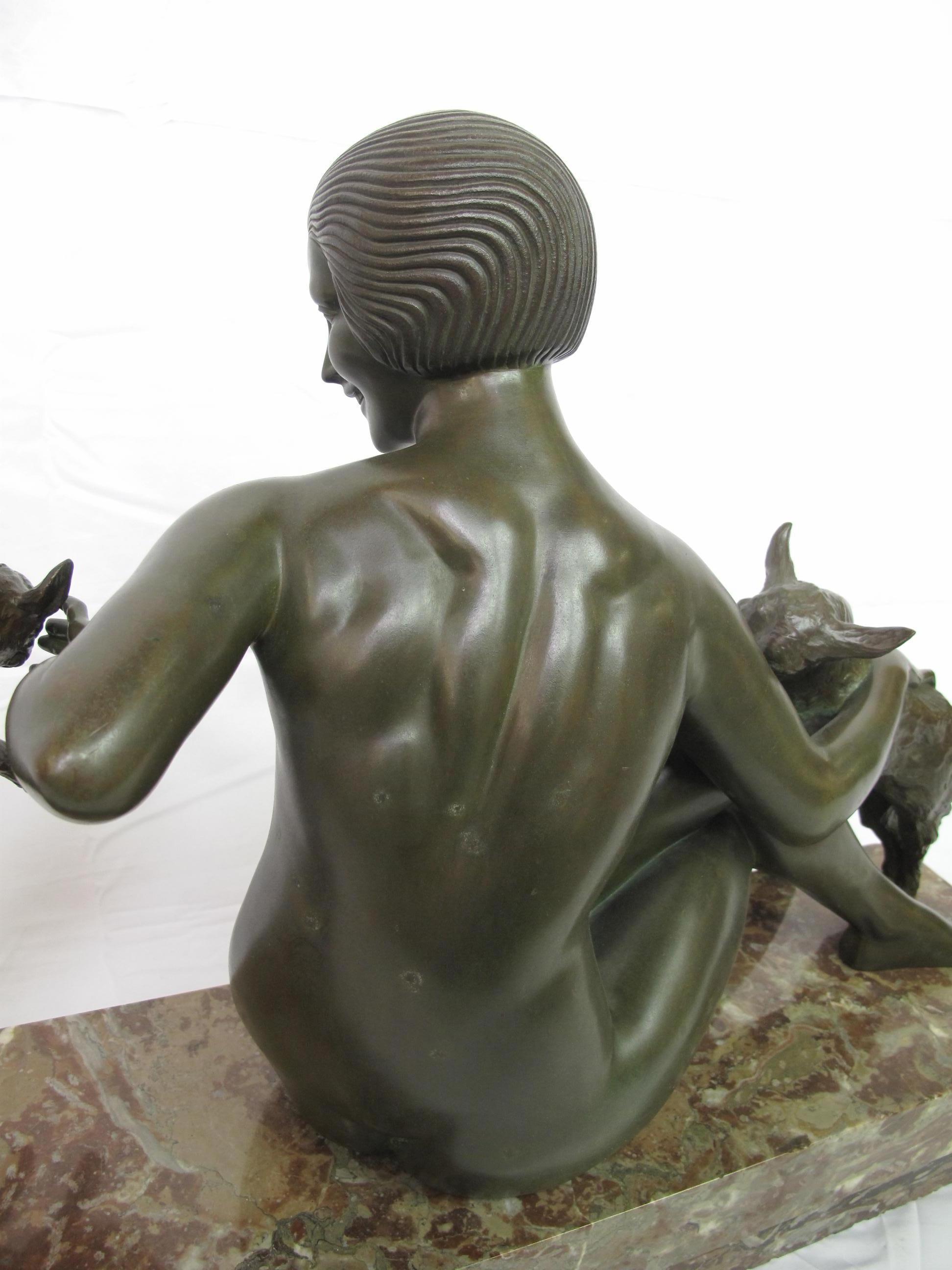 Art Deco Bronze Sculpture, Maurice Guiraud Riviere, Nude Woman with Kid Goats For Sale 4