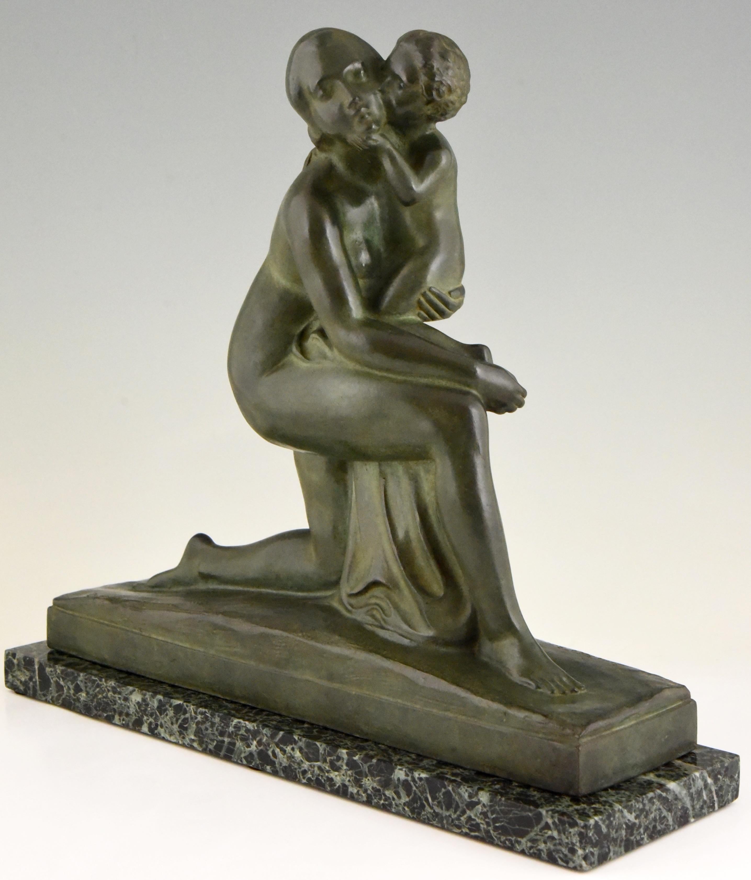 French Art Deco Bronze Sculpture Mother and Child Motherhood André Huguenin Dumittan
