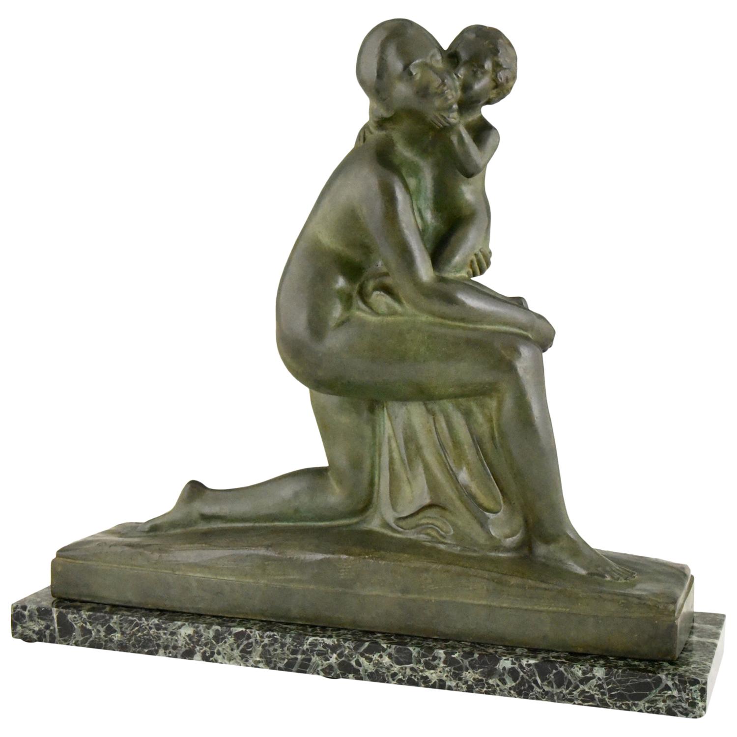 Art Deco Bronze Sculpture Mother and Child Motherhood André Huguenin Dumittan