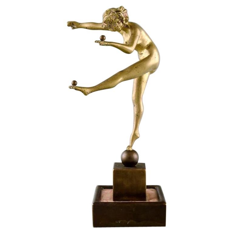 Art Deco Bronze Sculpture, Naked Woman Juggling Balls, 1930s