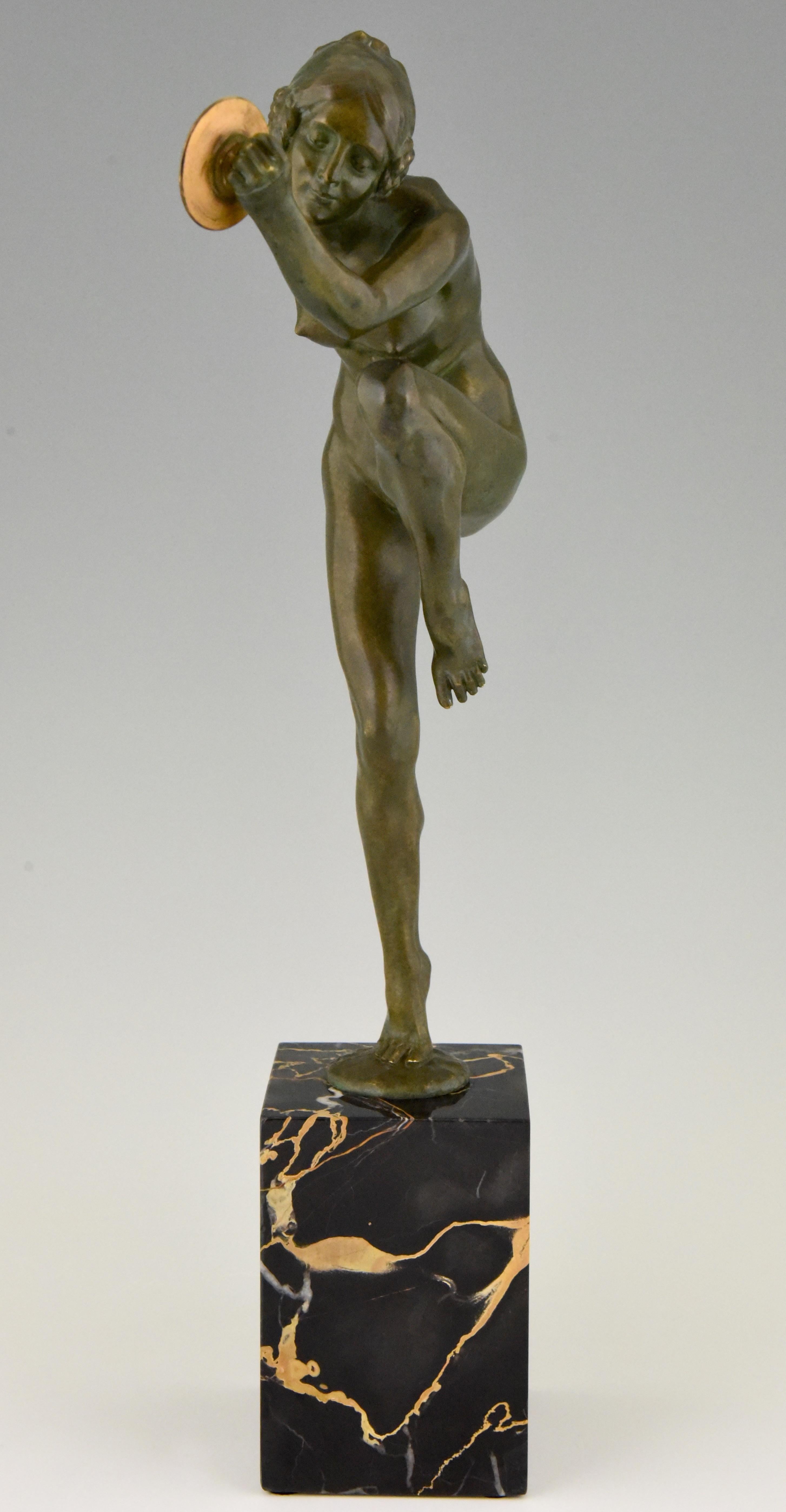 French Art Deco Bronze Sculpture Nude Cymbal Dancer Lucien Alliot, France, 1925