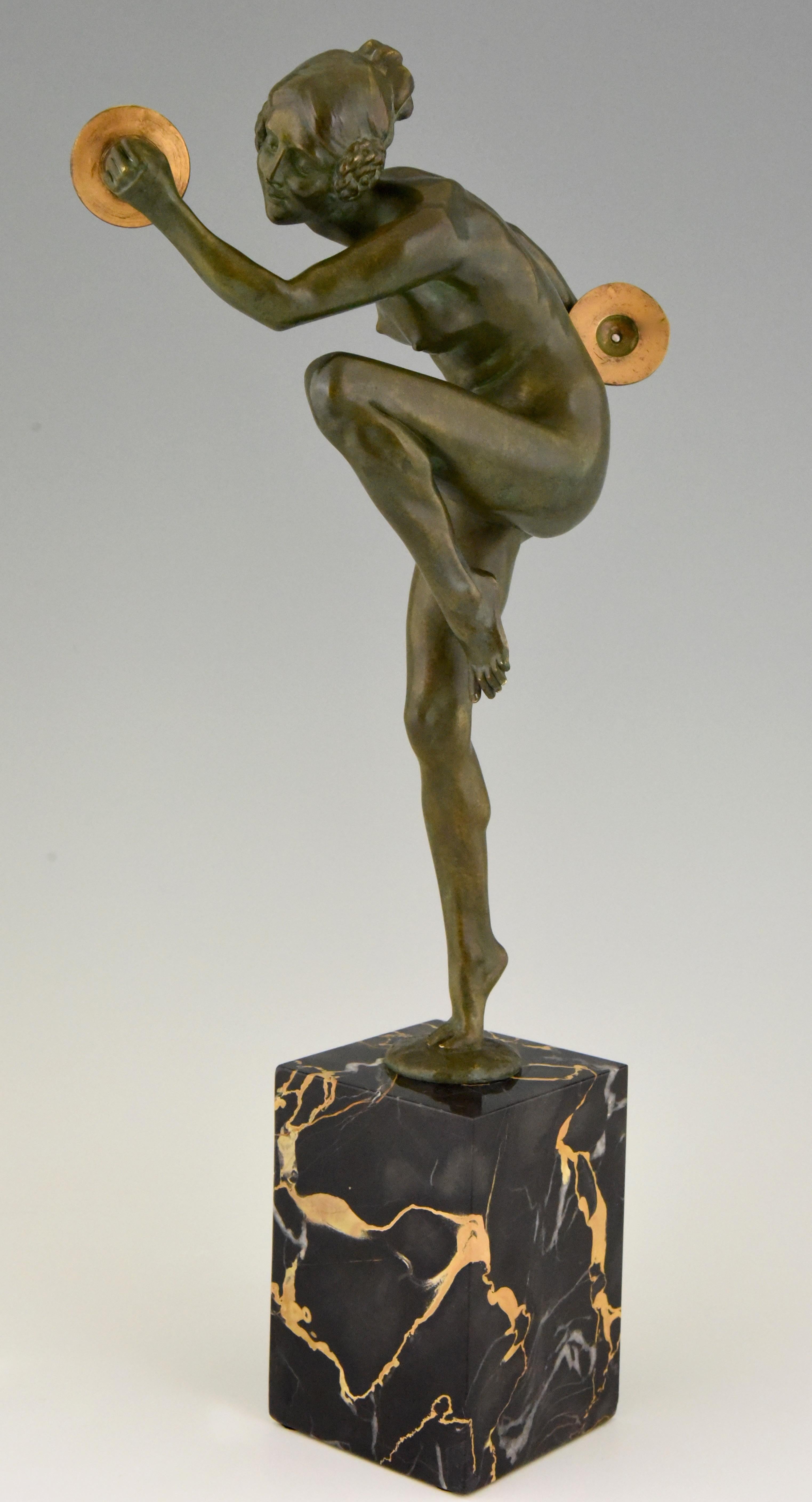 Patinated Art Deco Bronze Sculpture Nude Cymbal Dancer Lucien Alliot, France, 1925