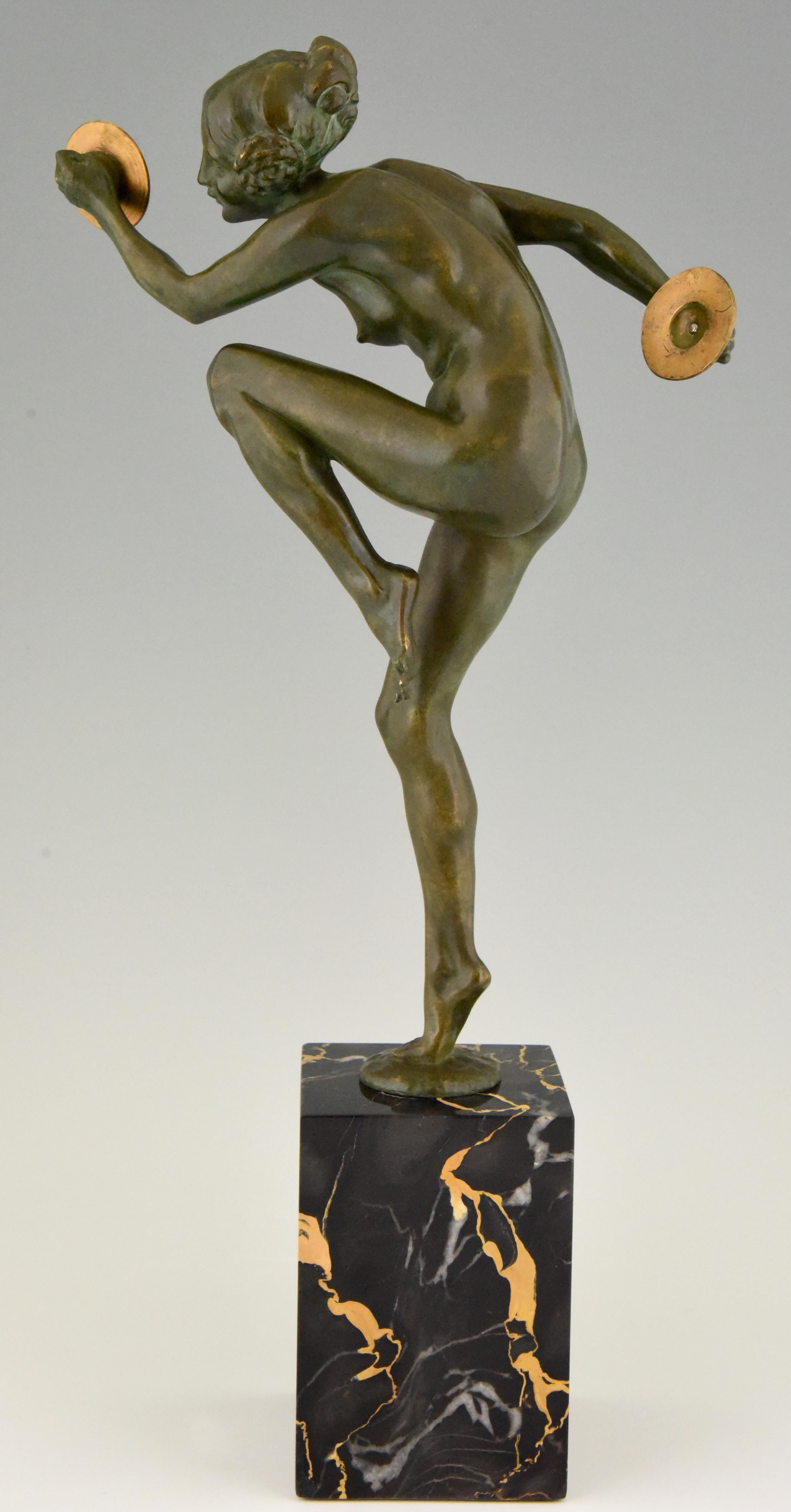 Art Deco Bronze Sculpture Nude Cymbal Dancer Lucien Alliot, France, 1925 In Good Condition In Antwerp, BE