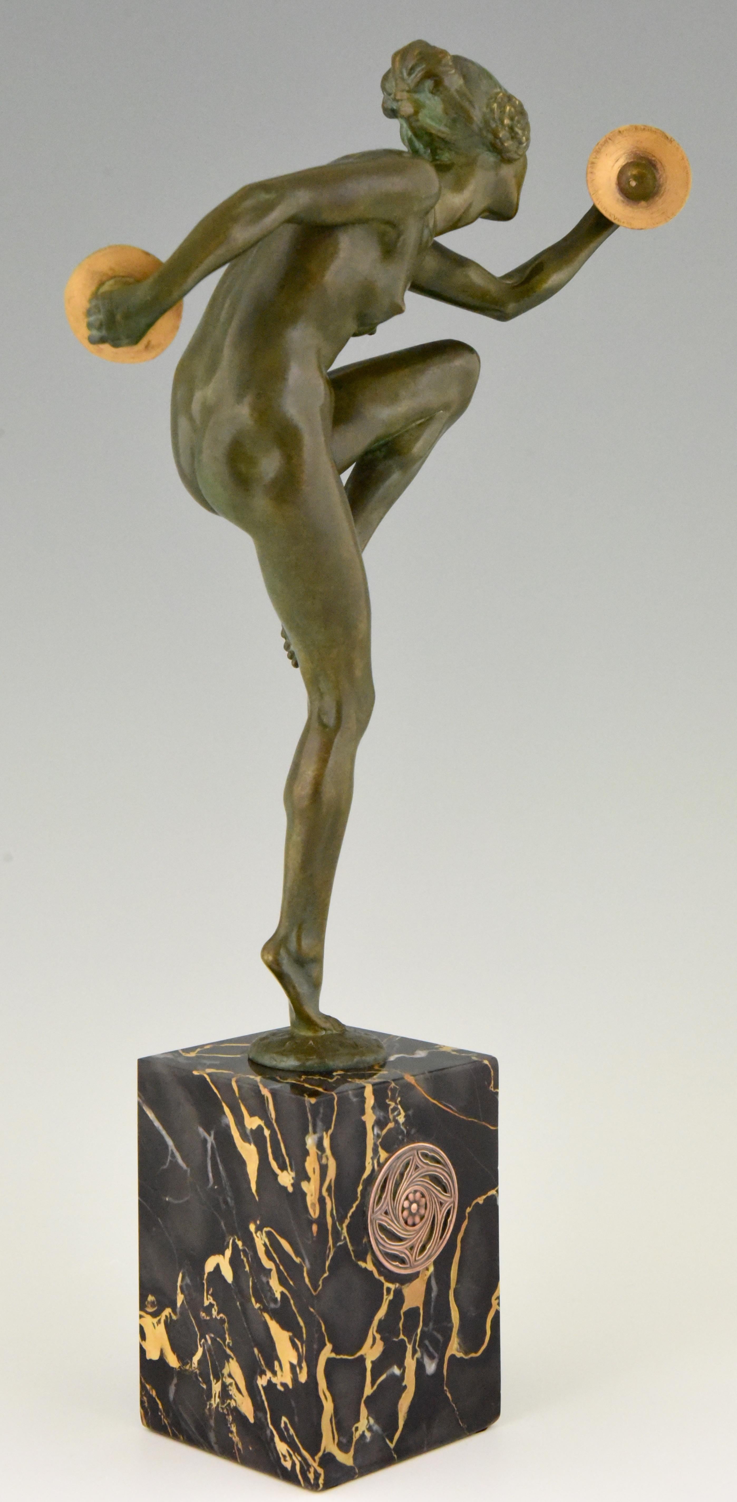 Art Deco Bronze Sculpture Nude Cymbal Dancer Lucien Alliot, France, 1925 2