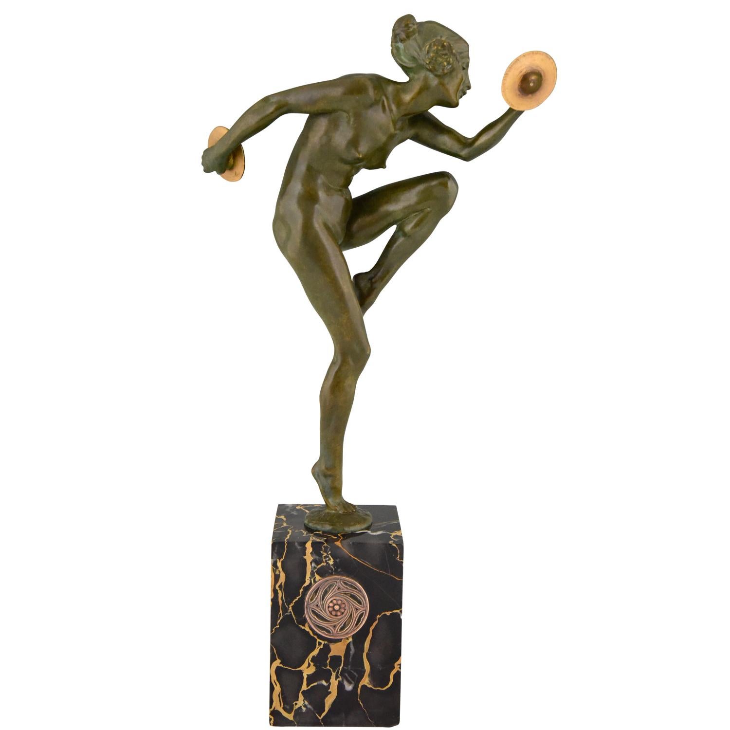 Art Deco Bronze Sculpture Nude Cymbal Dancer Lucien Alliot, France, 1925