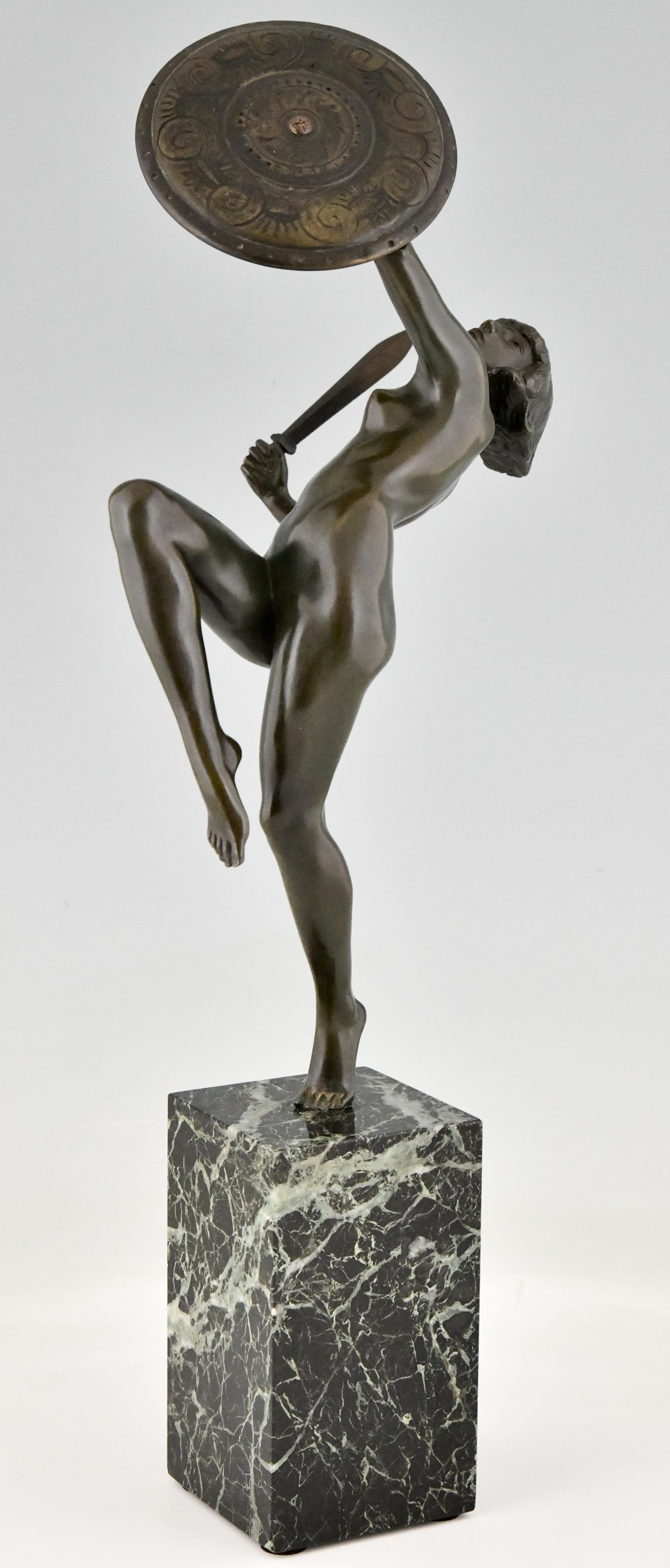 French Art Deco Bronze Sculpture Nude Dagger Dancer by Pierre Le Faguays France, 1930 For Sale