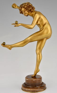 Art Deco Bronze Sculpture Nude Dancer Juggler by Colinet, France, 1925