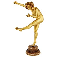 Retro Art Deco Bronze Sculpture Nude Dancer Juggler by Colinet, France, 1925