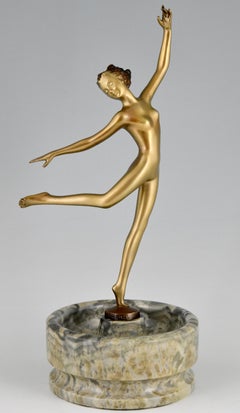 Art Deco Bronze Sculpture Nude Dancer on Marble Tray Joseph Lorenzl, 1925
