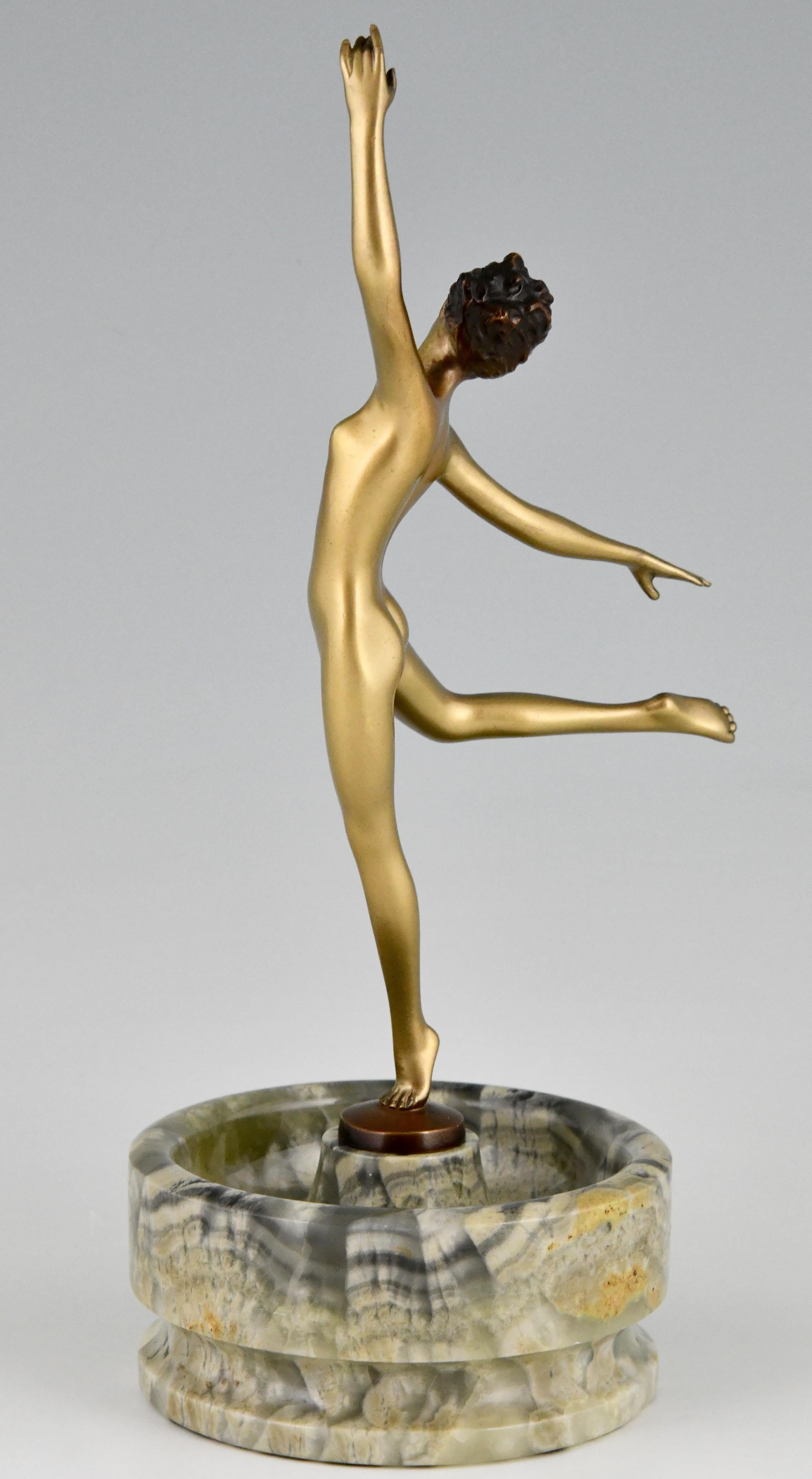 Early 20th Century Art Deco Bronze Sculpture Nude Dancer on Marble Tray Joseph Lorenzl, 1925