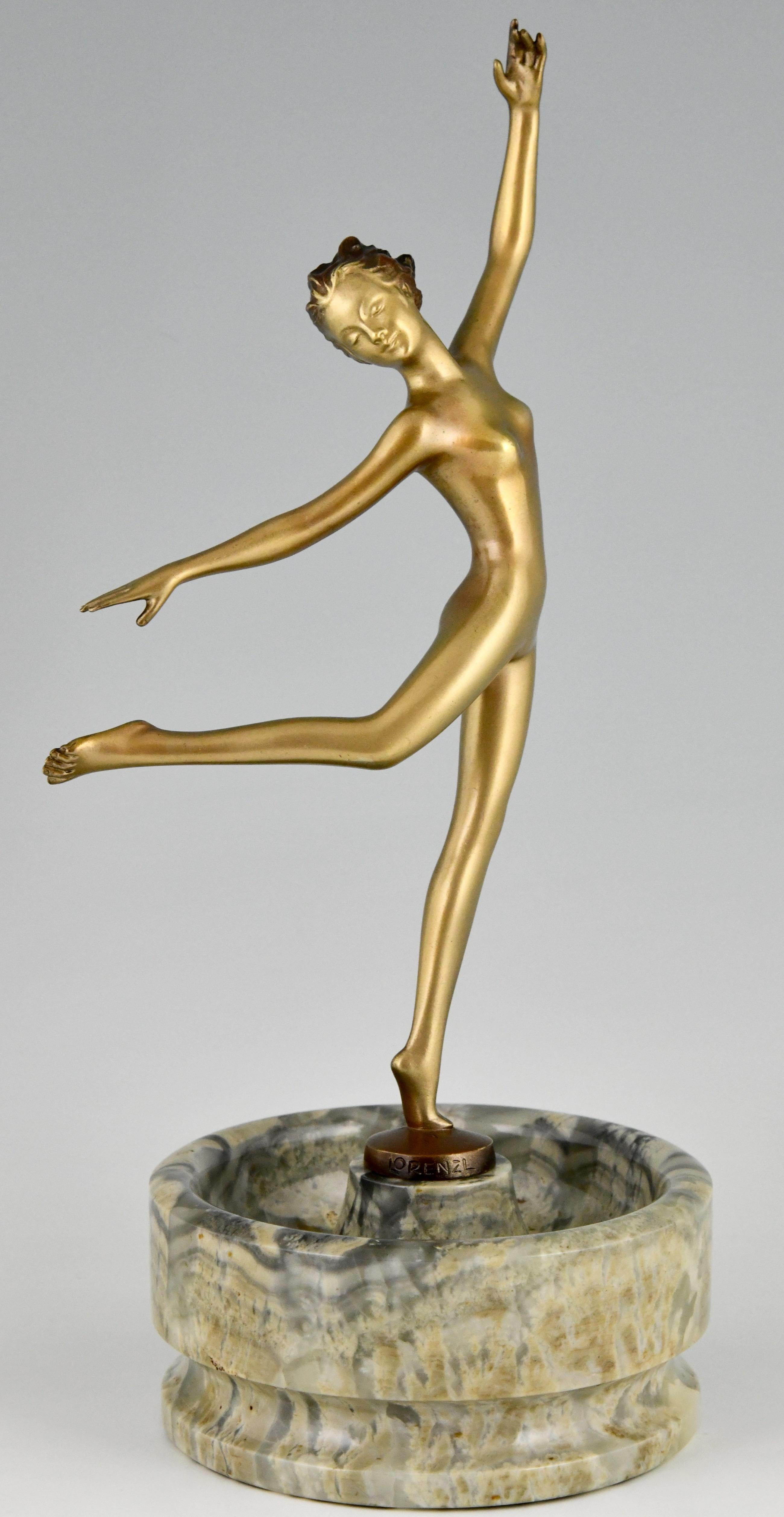 Art Deco Bronze Sculpture Nude Dancer on Marble Tray Joseph Lorenzl, 1925 3