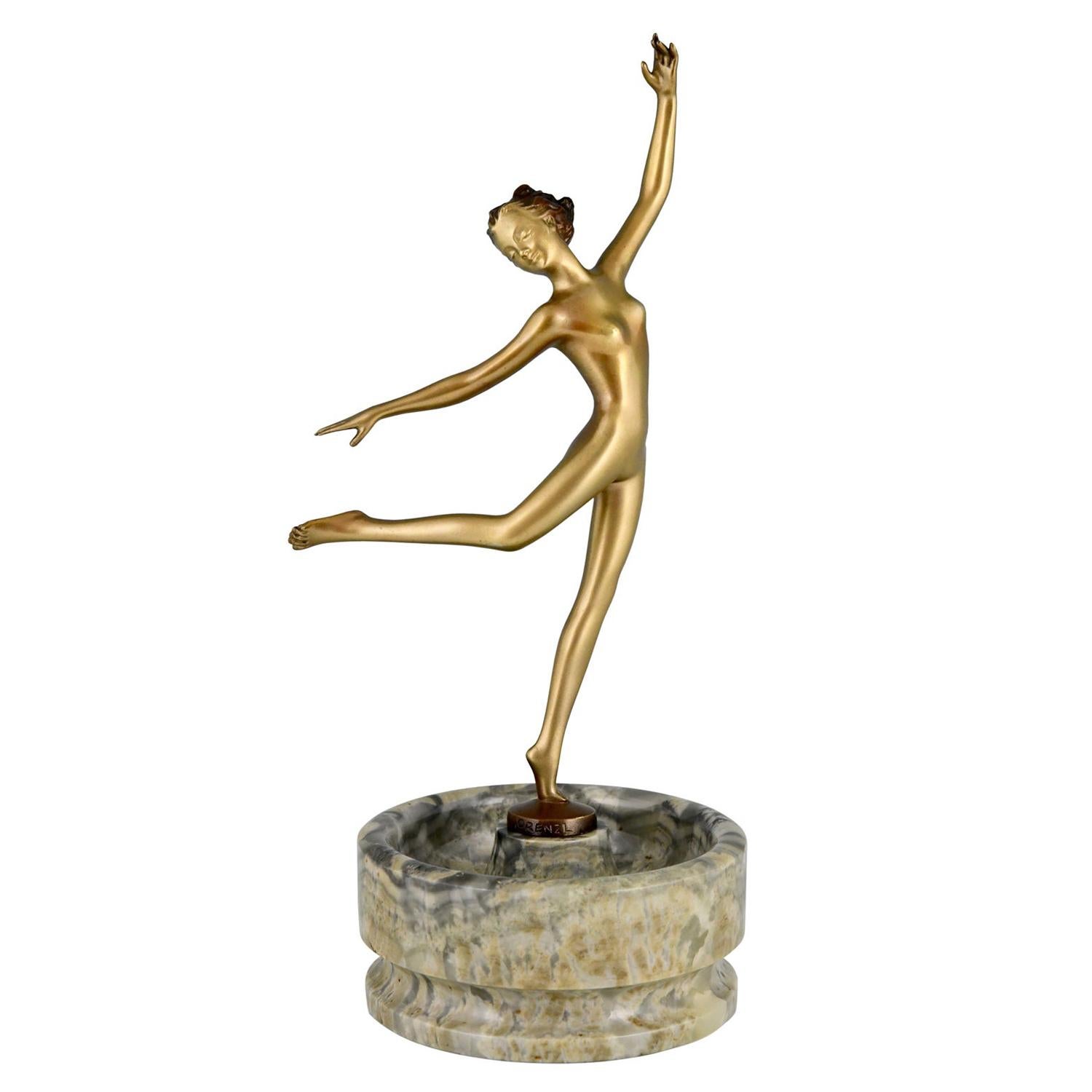 Art Deco Bronze Sculpture Nude Dancer on Marble Tray Joseph Lorenzl, 1925