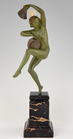 Art Deco Bronze Sculpture Nude Dancer with Fan & Hat Marcel Andre Bouraine, 1925