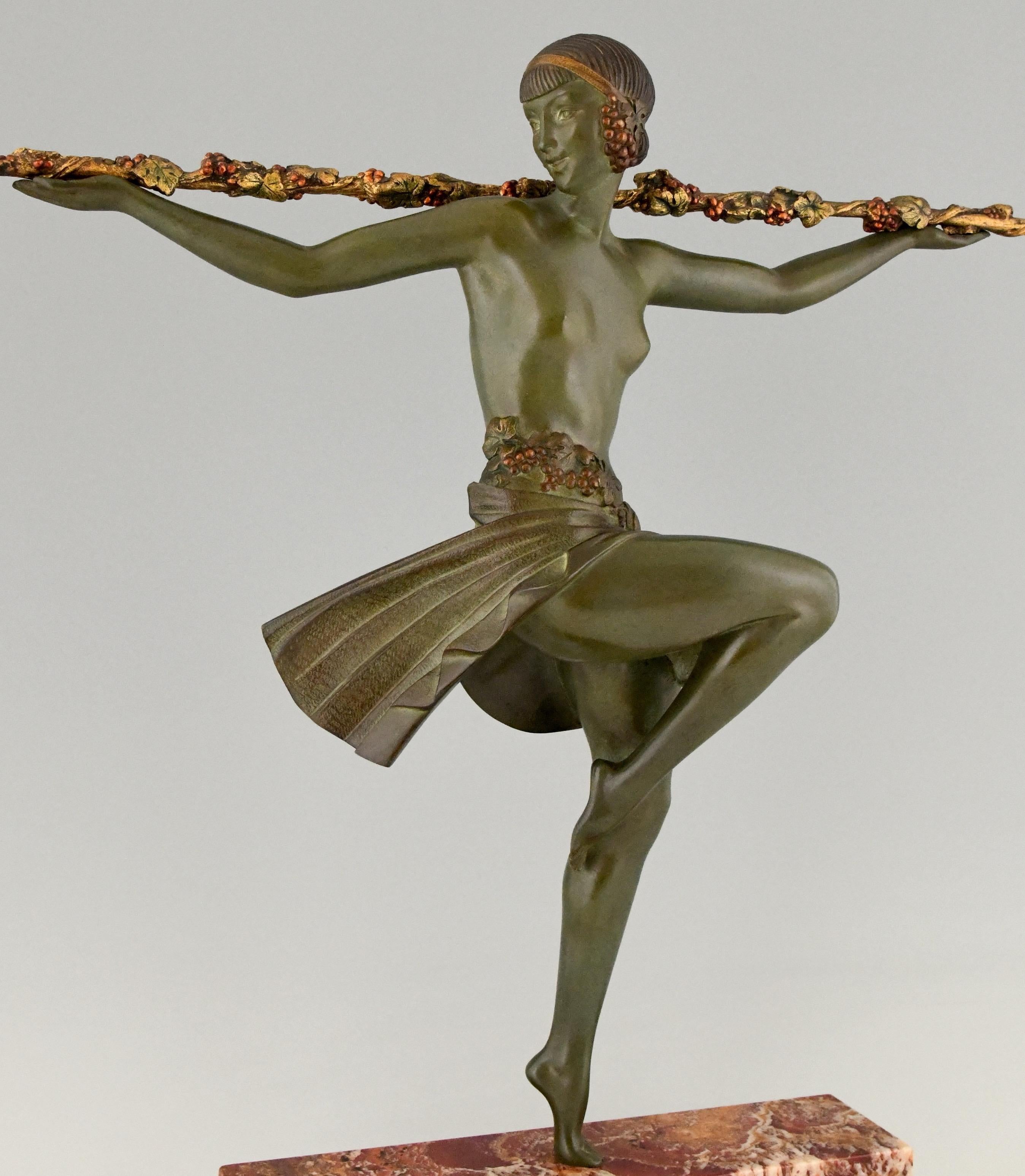 Art Deco Bronze Sculpture Nude Dancer with Thyrsus Pierre Le Faguays, 1930 3