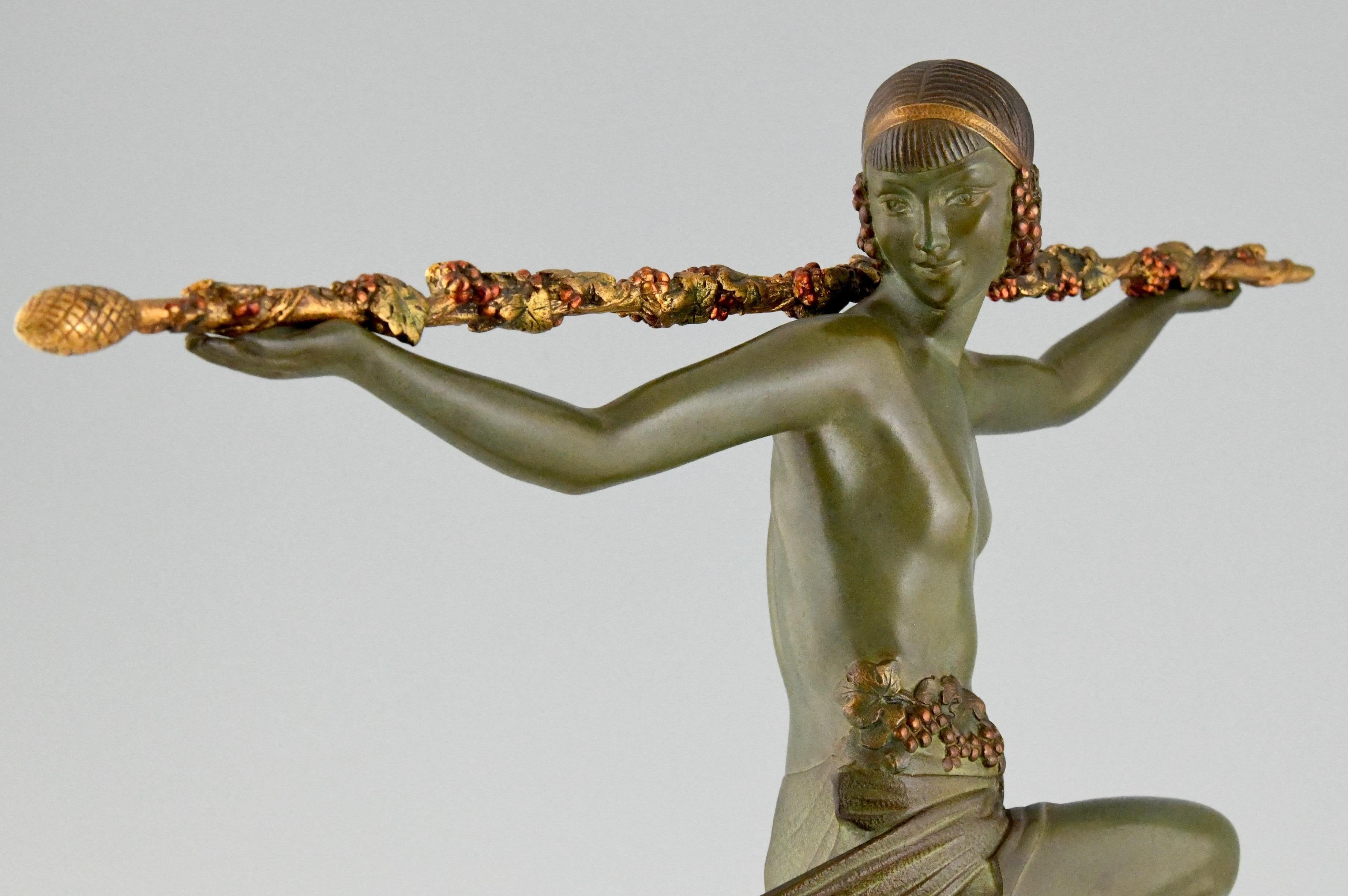 Art Deco Bronze Sculpture Nude Dancer with Thyrsus Pierre Le Faguays, 1930 4