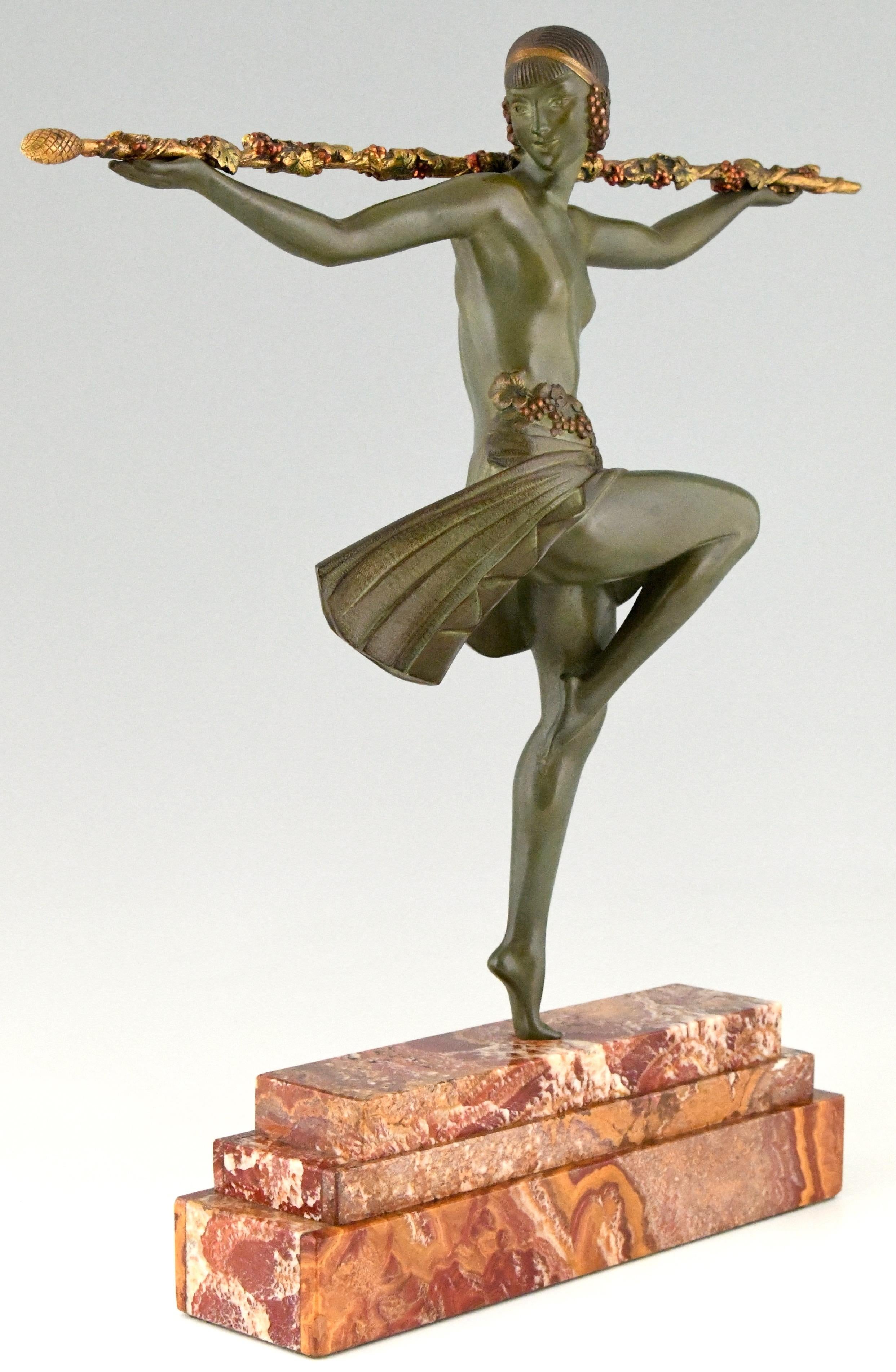 French Art Deco Bronze Sculpture Nude Dancer with Thyrsus Pierre Le Faguays, 1930