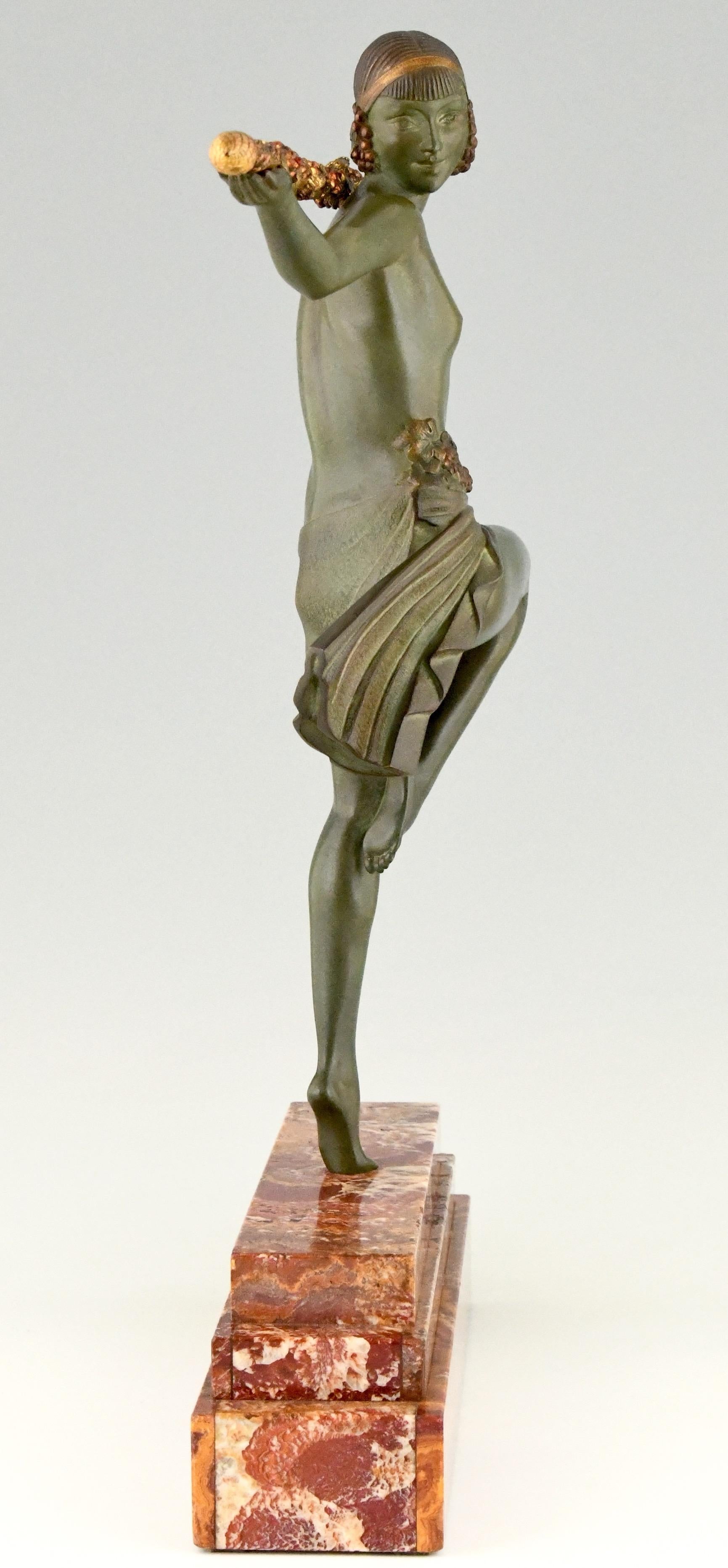 Patinated Art Deco Bronze Sculpture Nude Dancer with Thyrsus Pierre Le Faguays, 1930