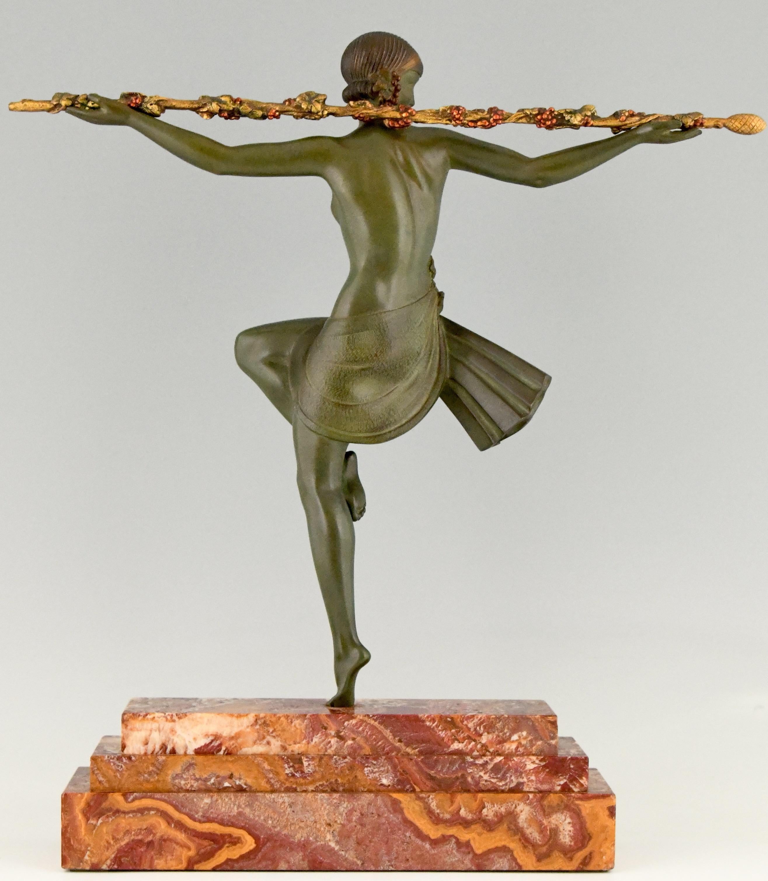 Mid-20th Century Art Deco Bronze Sculpture Nude Dancer with Thyrsus Pierre Le Faguays, 1930
