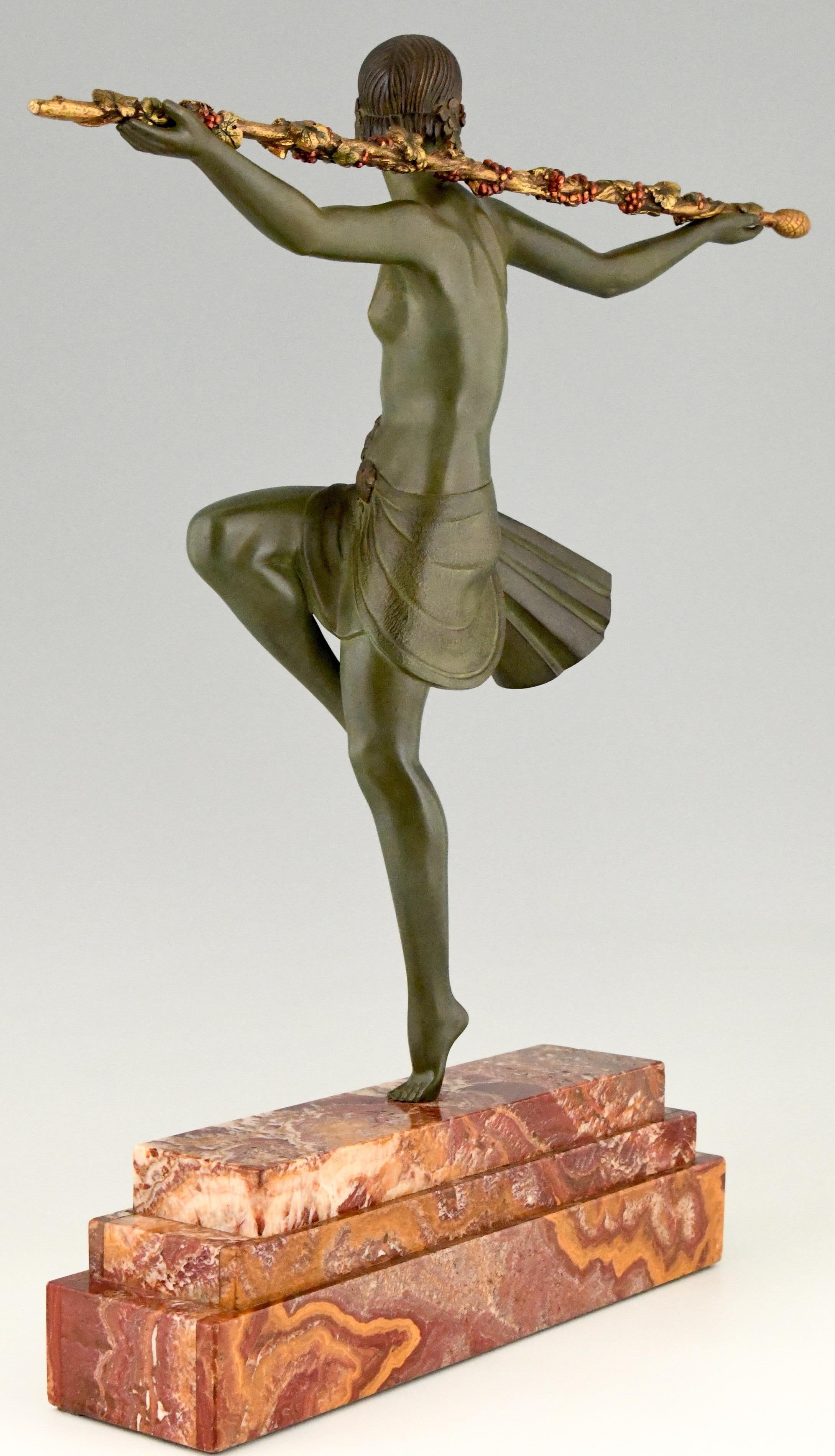 Marble Art Deco Bronze Sculpture Nude Dancer with Thyrsus Pierre Le Faguays, 1930