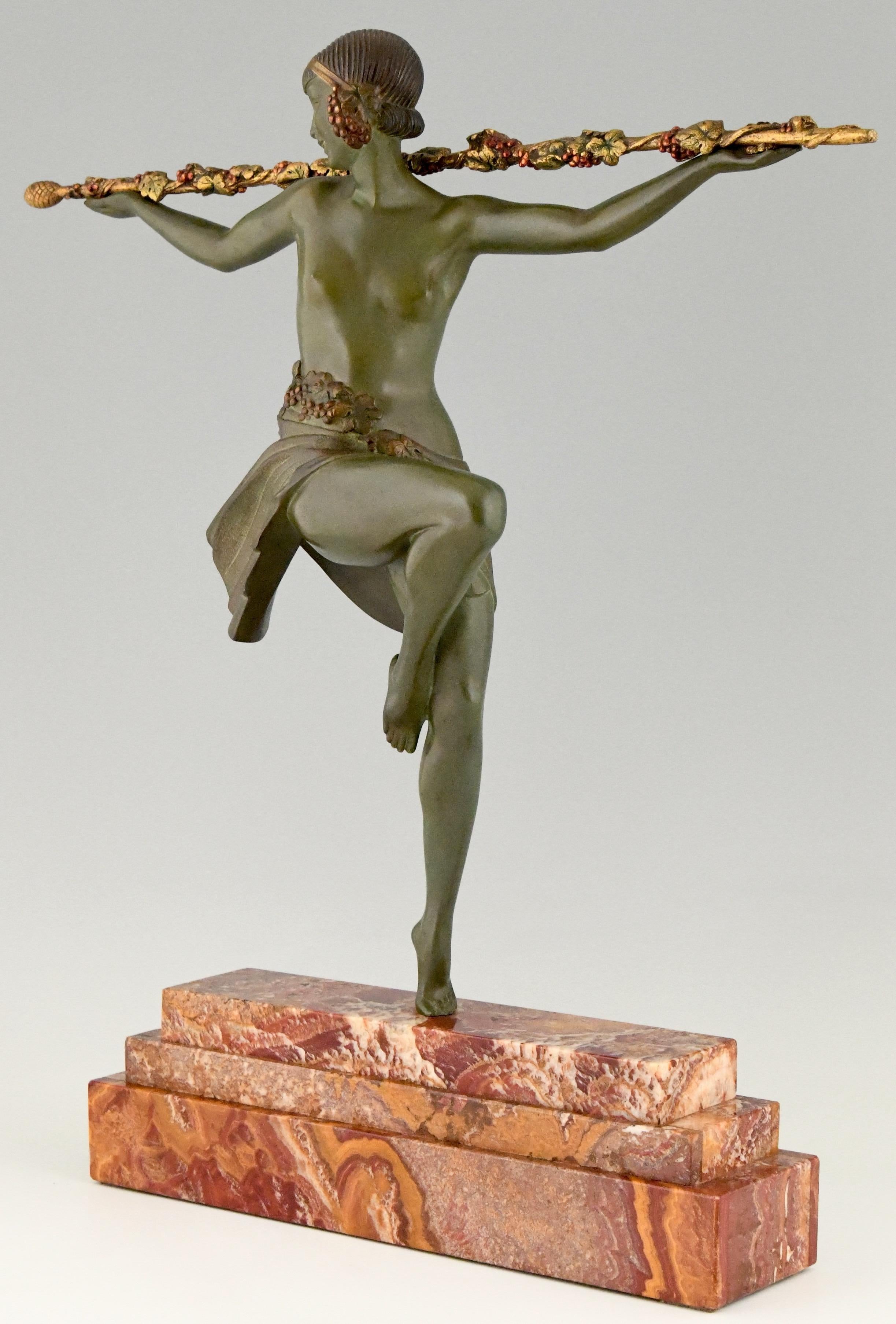 Art Deco Bronze Sculpture Nude Dancer with Thyrsus Pierre Le Faguays, 1930 2