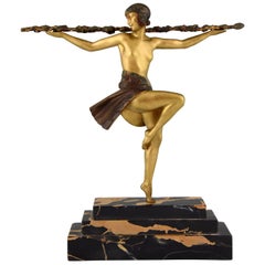 Art Deco Bronze Sculpture Nude Dancer with Thyrsus Pierre Le Faguays, 1930