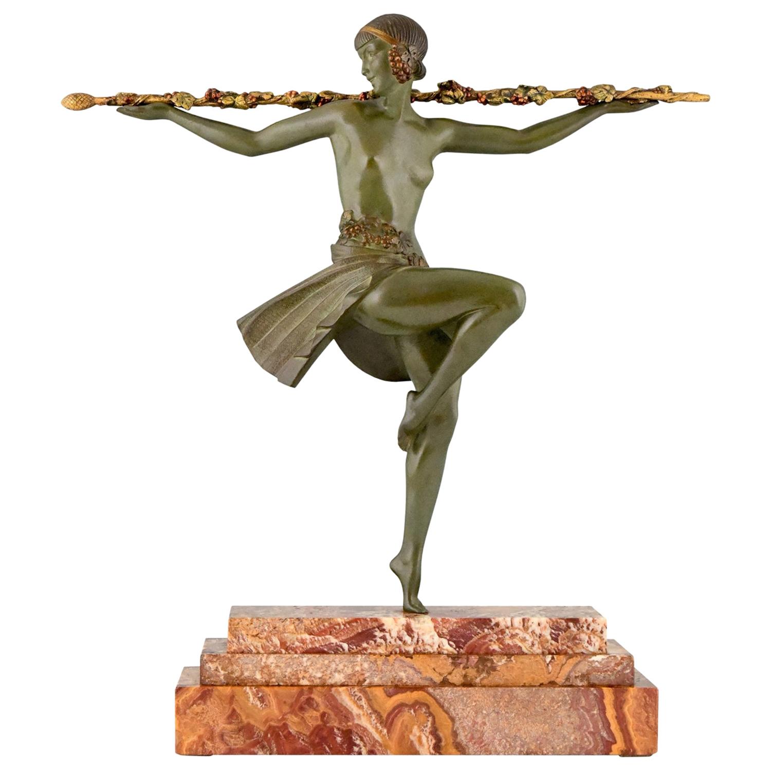 Art Deco Bronze Sculpture Nude Dancer with Thyrsus Pierre Le Faguays, 1930