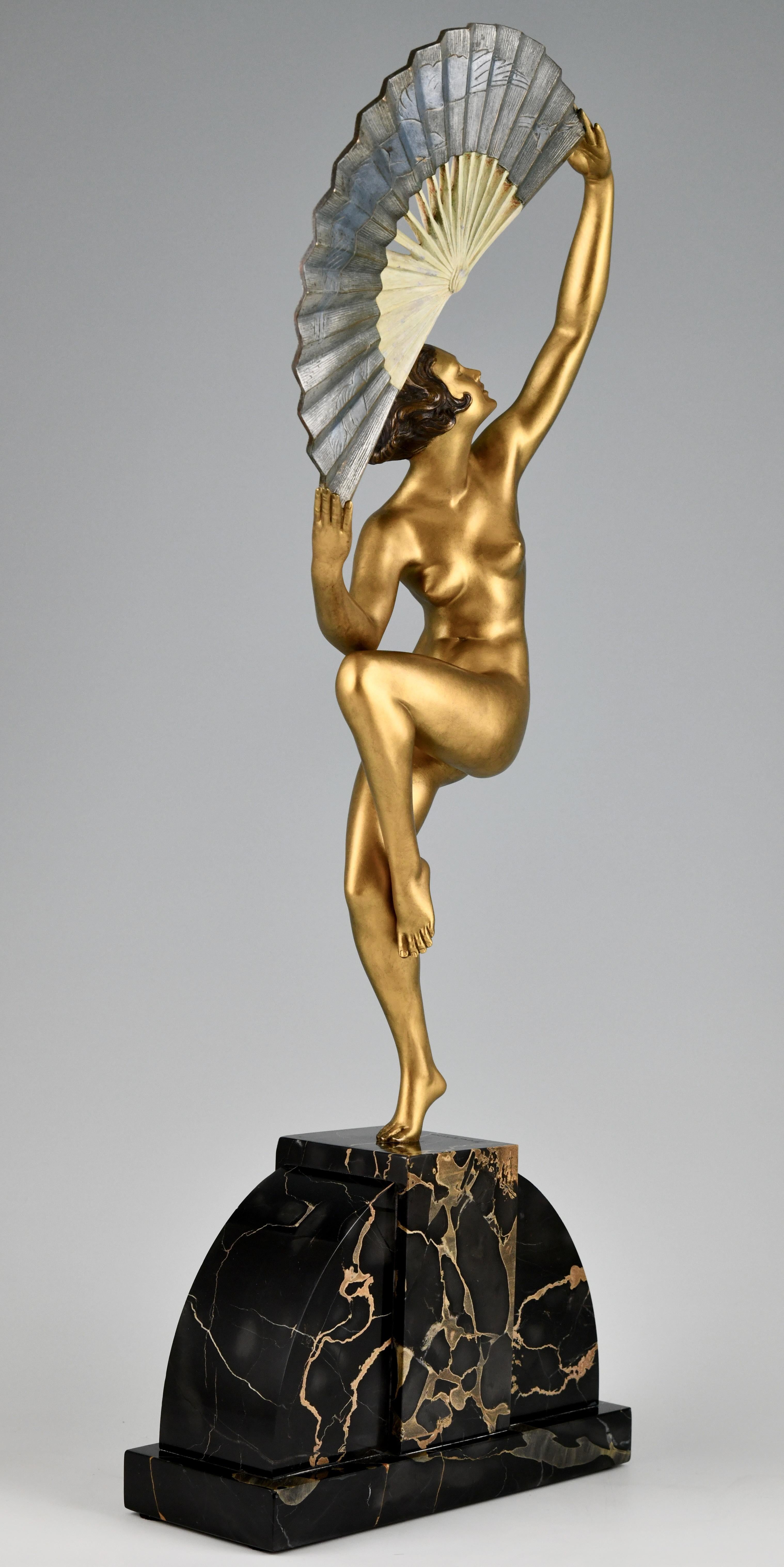French Art Deco bronze sculpture nude fan dancer by Marcel Andre Bouraine France 21925 For Sale