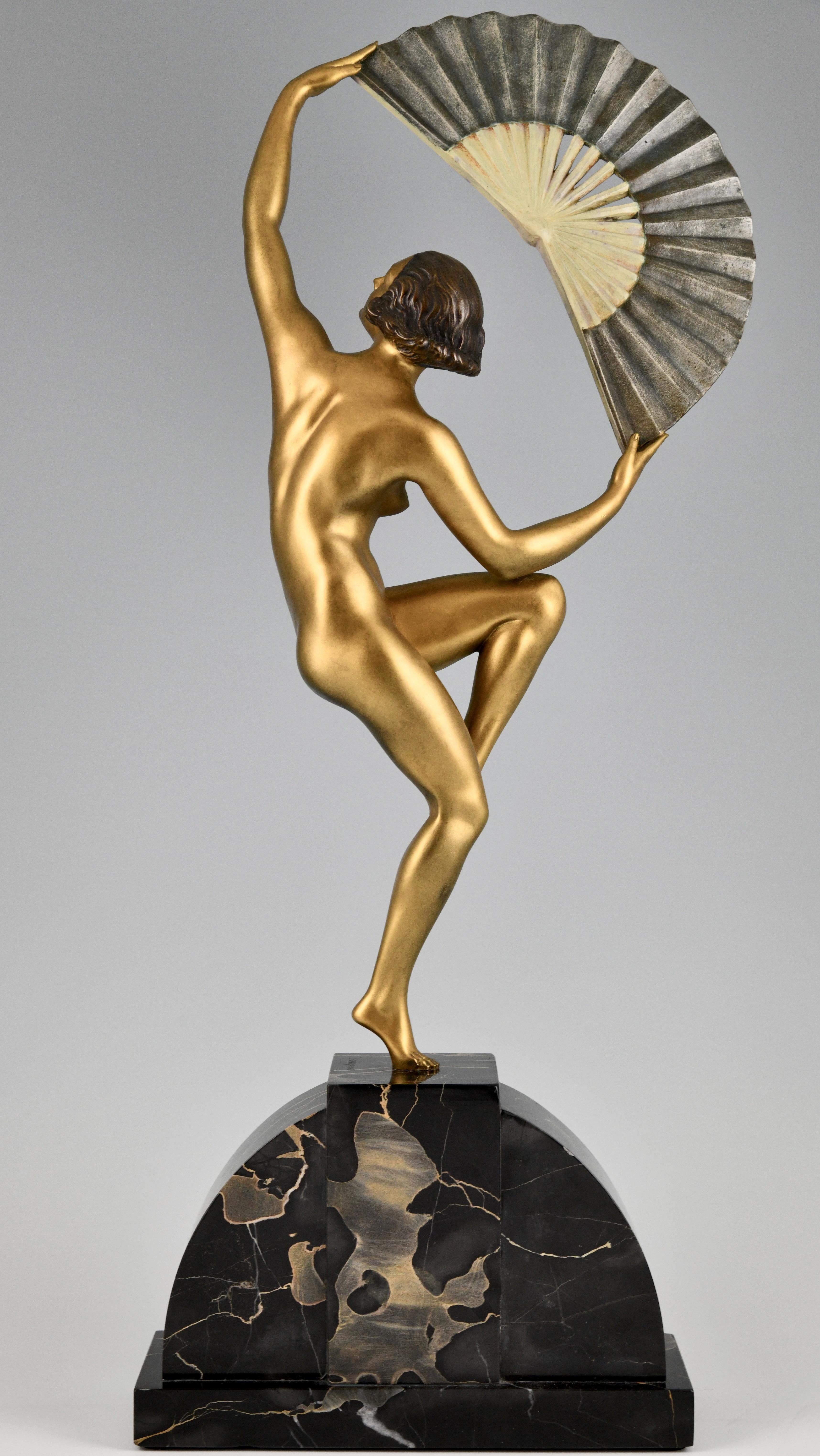 Art Deco bronze sculpture nude fan dancer by Marcel Andre Bouraine France 21925 In Good Condition For Sale In Antwerp, BE