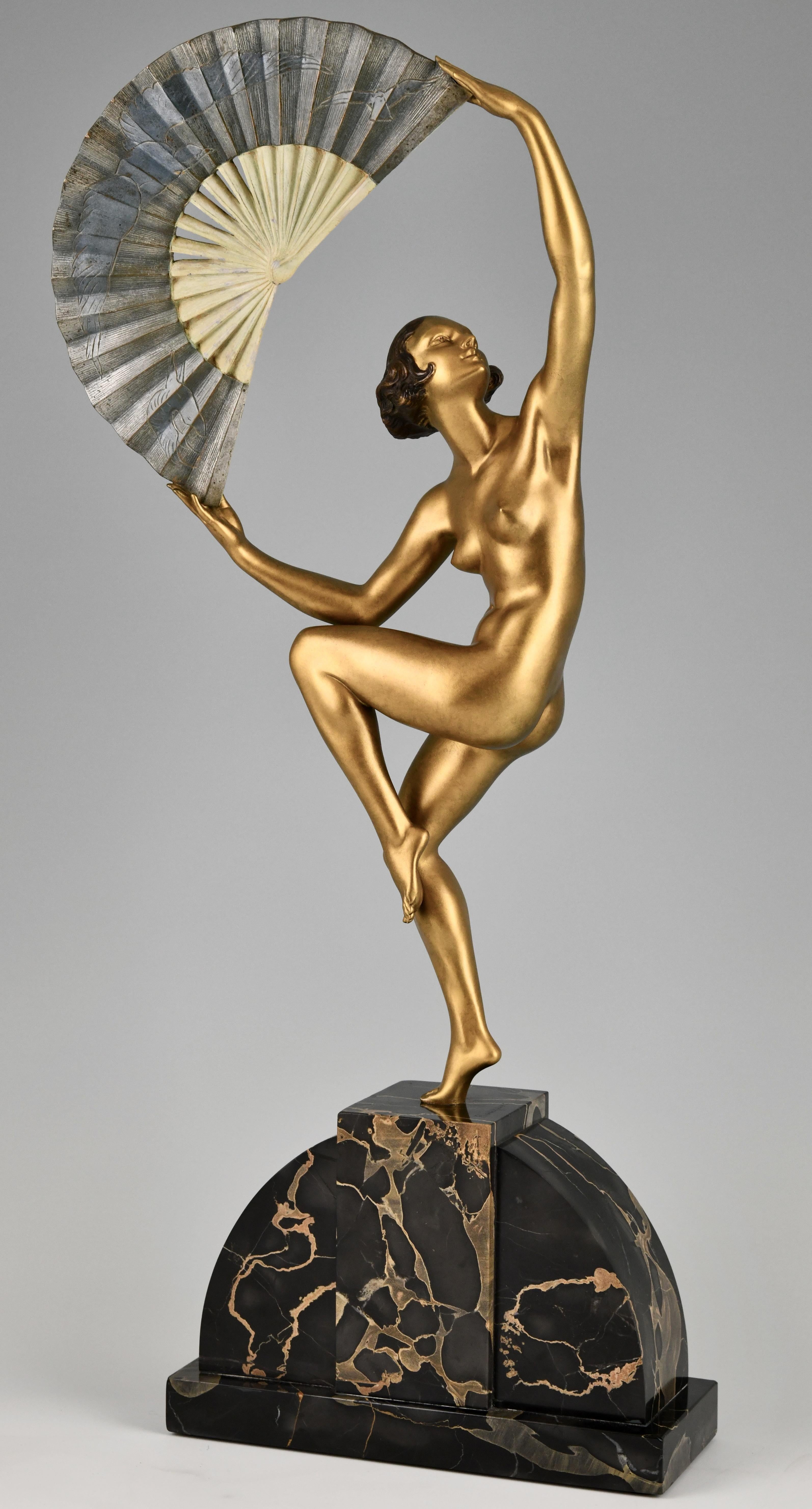Art Deco bronze sculpture nude fan dancer by Marcel Andre Bouraine France 21925 For Sale 1