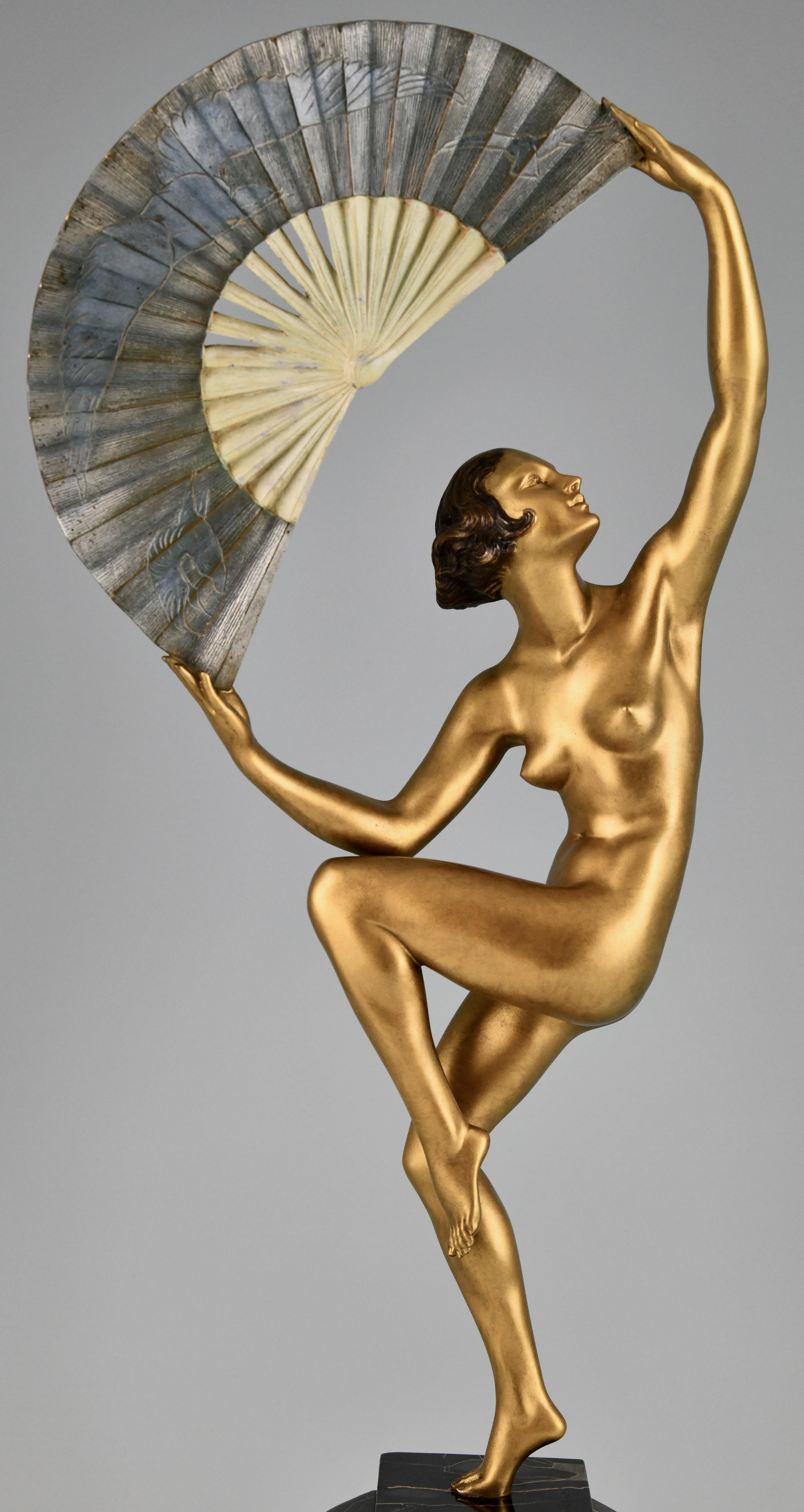 Art Deco bronze sculpture nude fan dancer by Marcel Andre Bouraine France 21925 For Sale 2