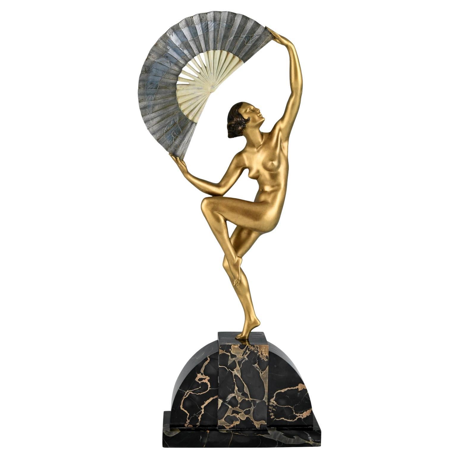 Art Deco bronze sculpture nude fan dancer by Marcel Andre Bouraine France 21925 For Sale
