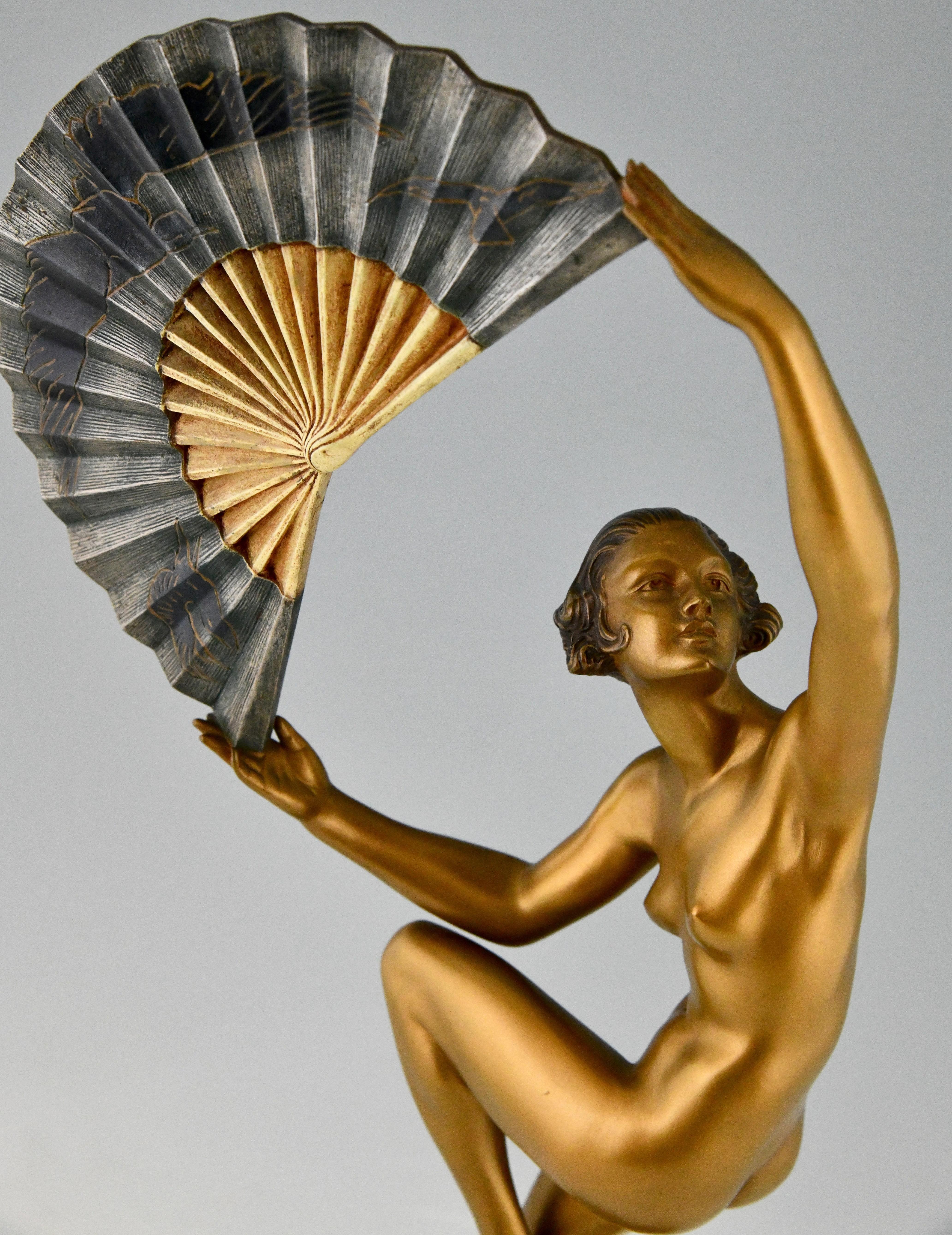 Art Deco Bronze Sculpture Nude Fan Dancer Marcel Andre Bouraine, France, 1925 5
