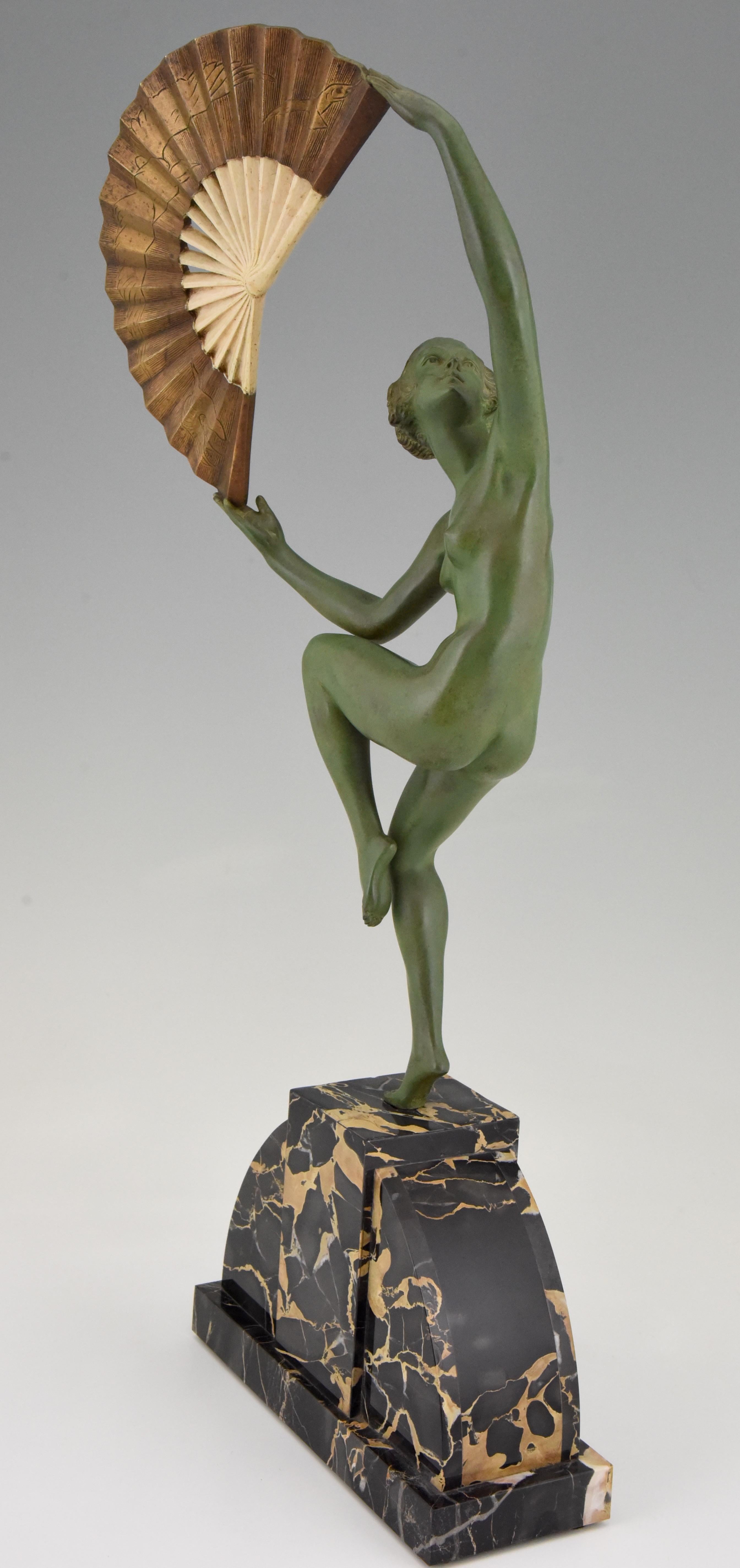 French Art Deco Bronze Sculpture Nude Fan Dancer Marcel Andre Bouraine, France, 1925