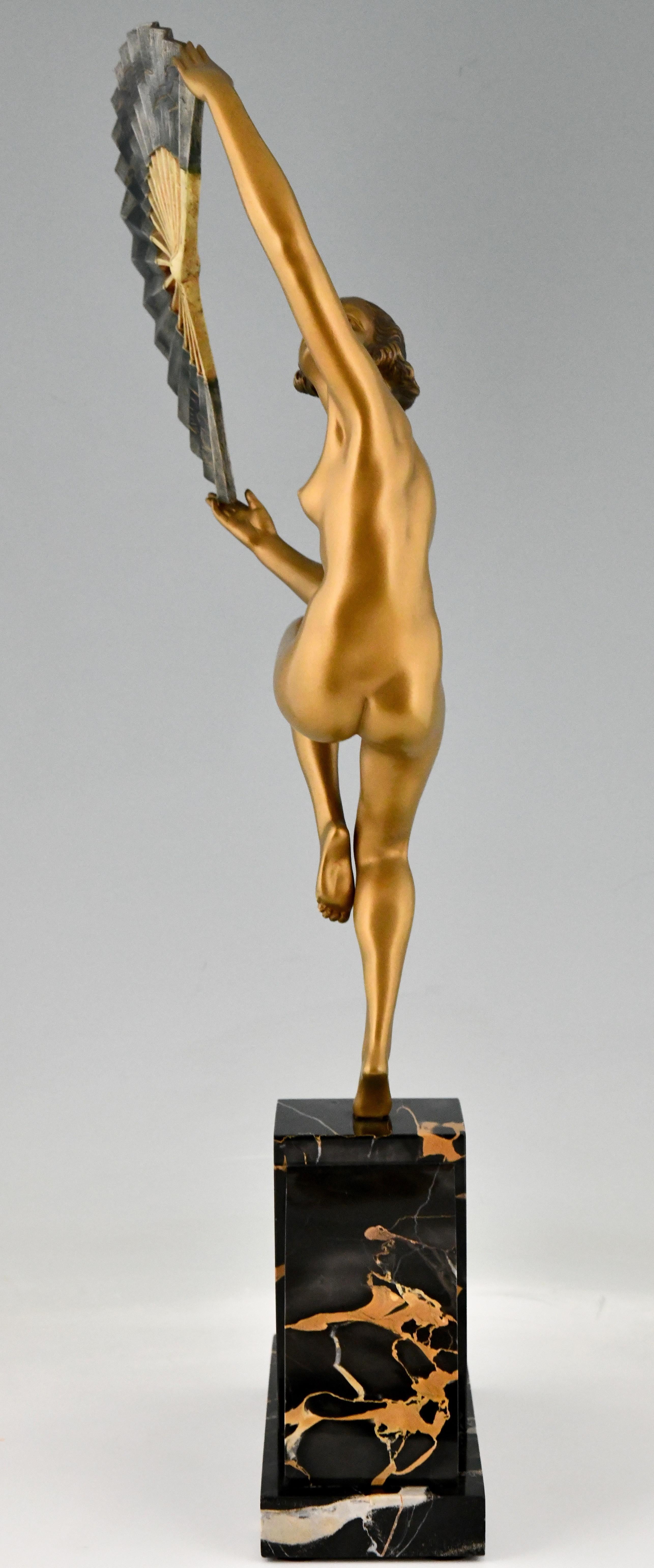 Patinated Art Deco Bronze Sculpture Nude Fan Dancer Marcel Andre Bouraine, France, 1925