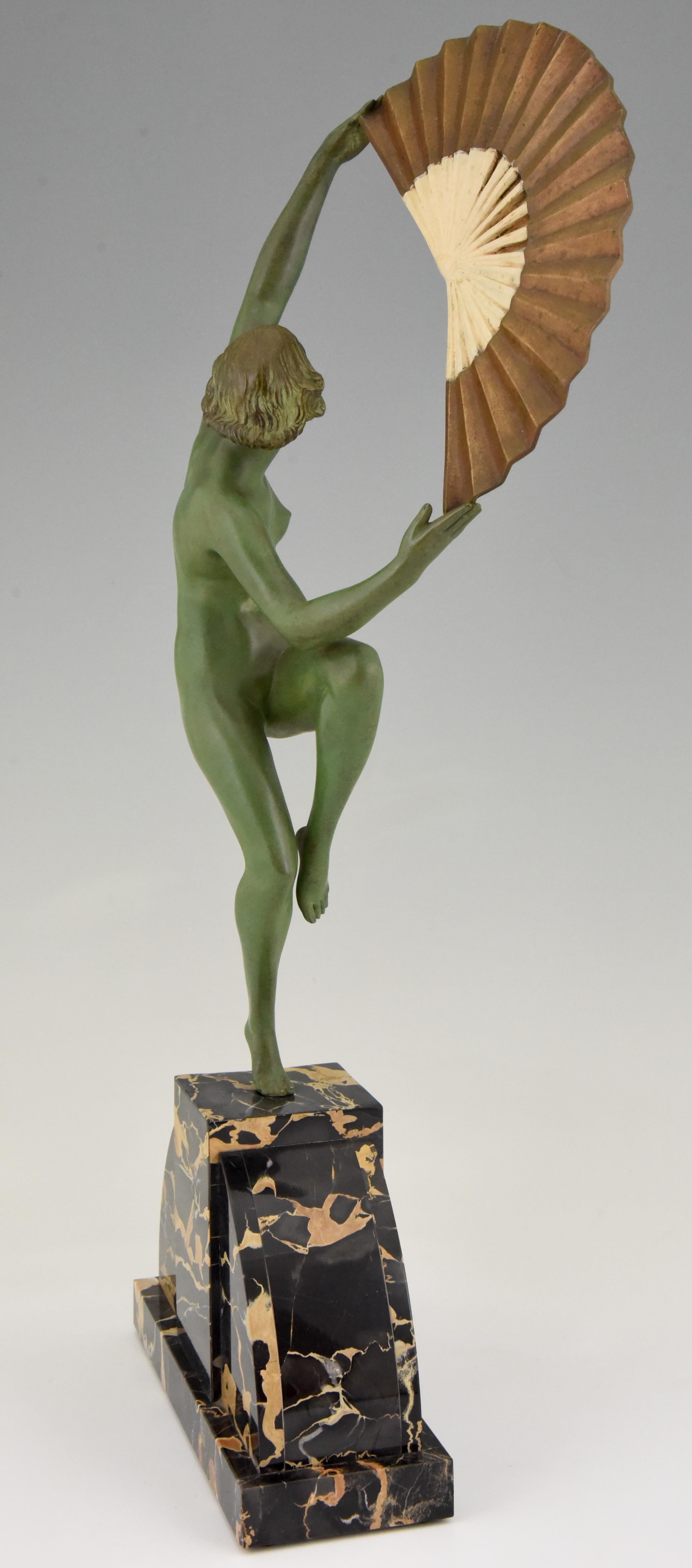Early 20th Century Art Deco Bronze Sculpture Nude Fan Dancer Marcel Andre Bouraine, France, 1925
