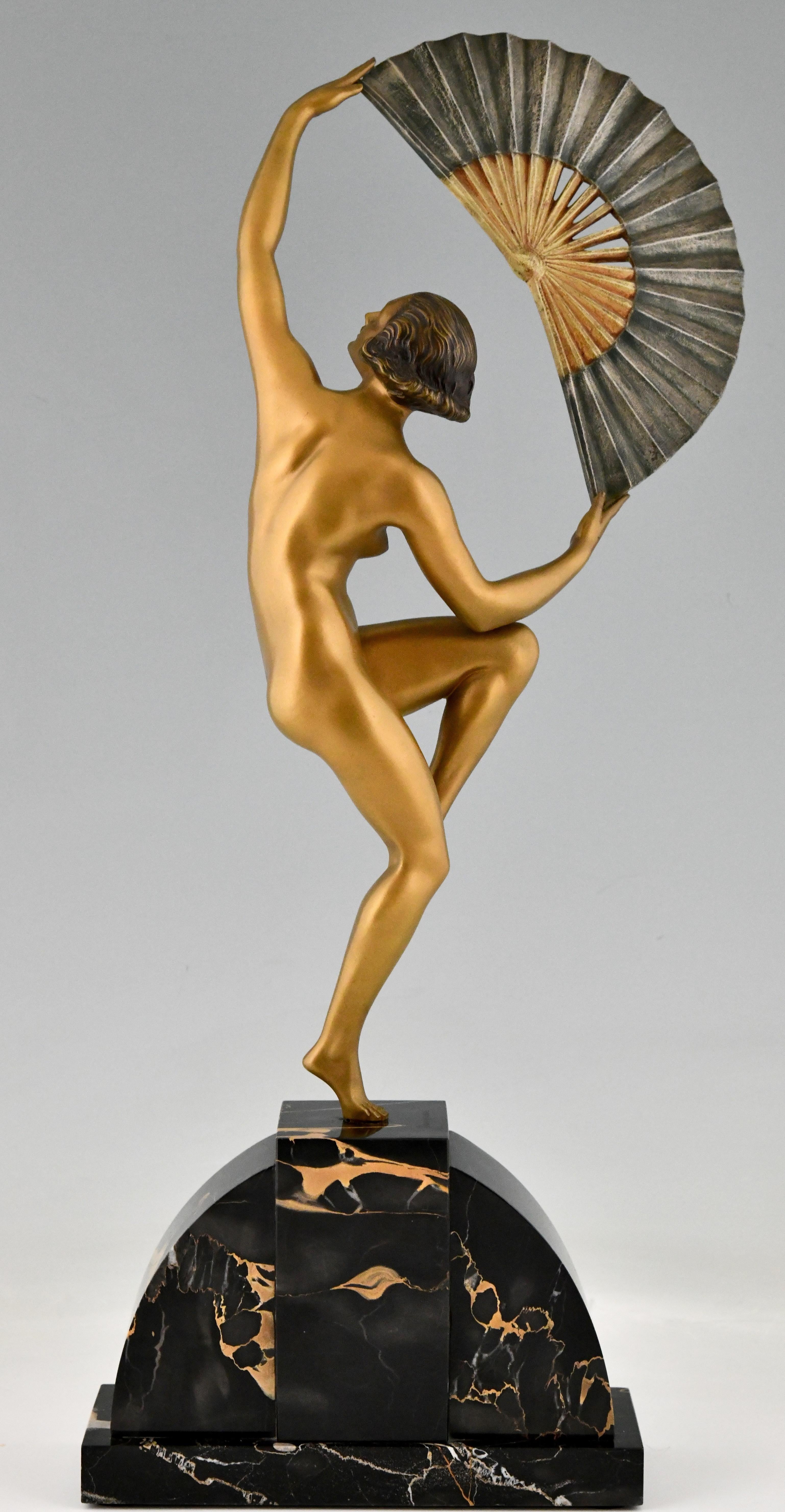 Early 20th Century Art Deco Bronze Sculpture Nude Fan Dancer Marcel Andre Bouraine, France, 1925