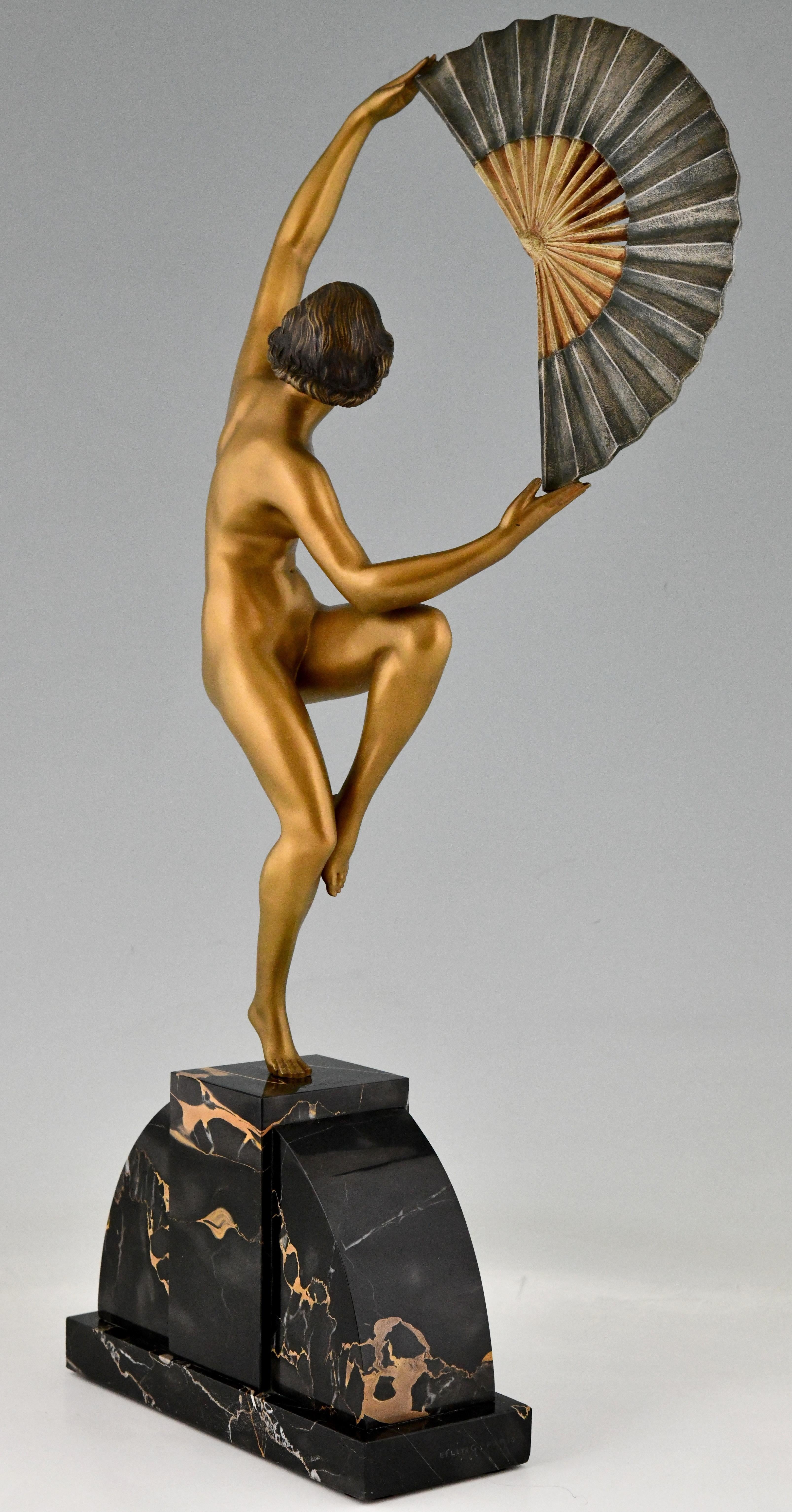 Art Deco Bronze Sculpture Nude Fan Dancer Marcel Andre Bouraine, France, 1925 1