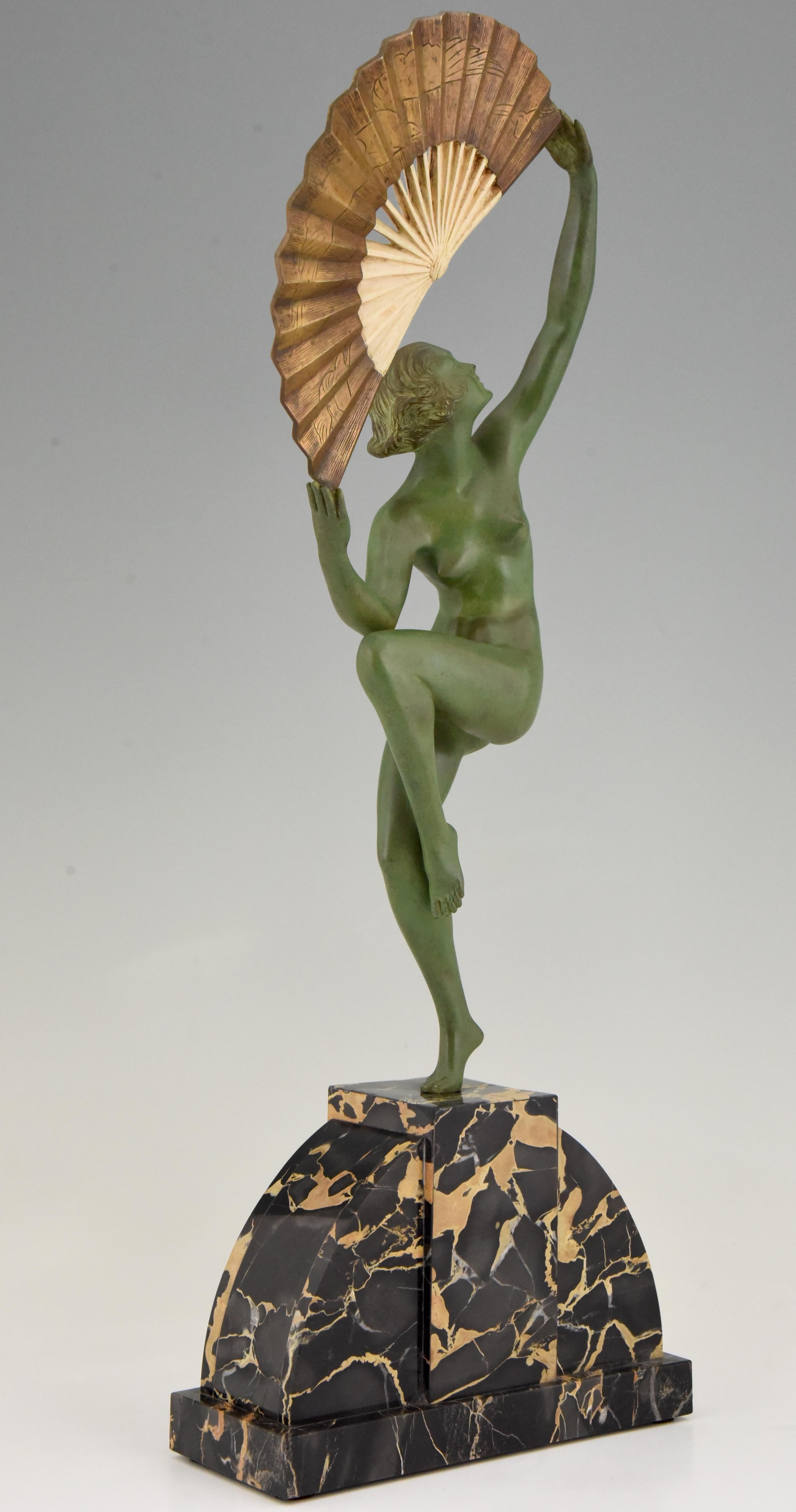 Art Deco Bronze Sculpture Nude Fan Dancer Marcel Andre Bouraine, France, 1925 2