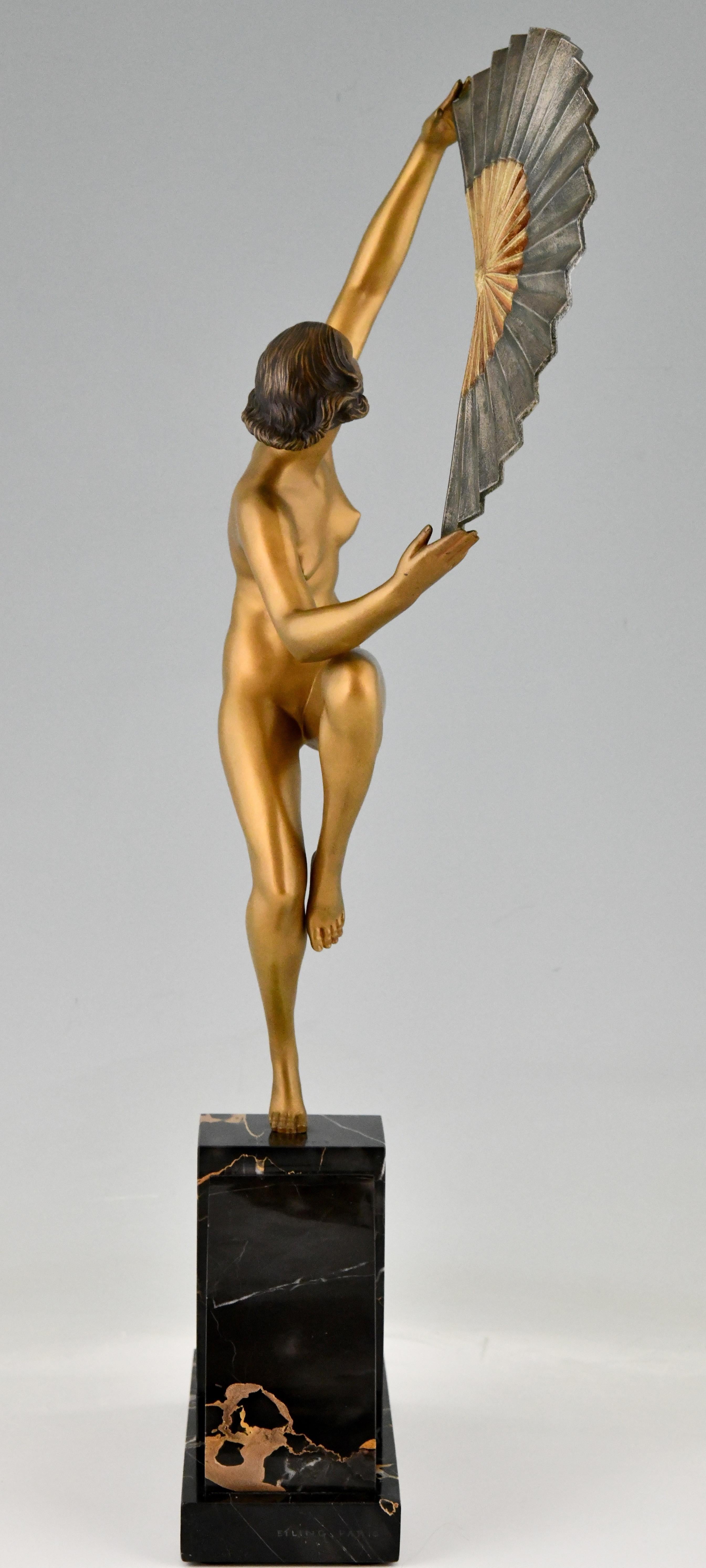 Art Deco Bronze Sculpture Nude Fan Dancer Marcel Andre Bouraine, France, 1925 2