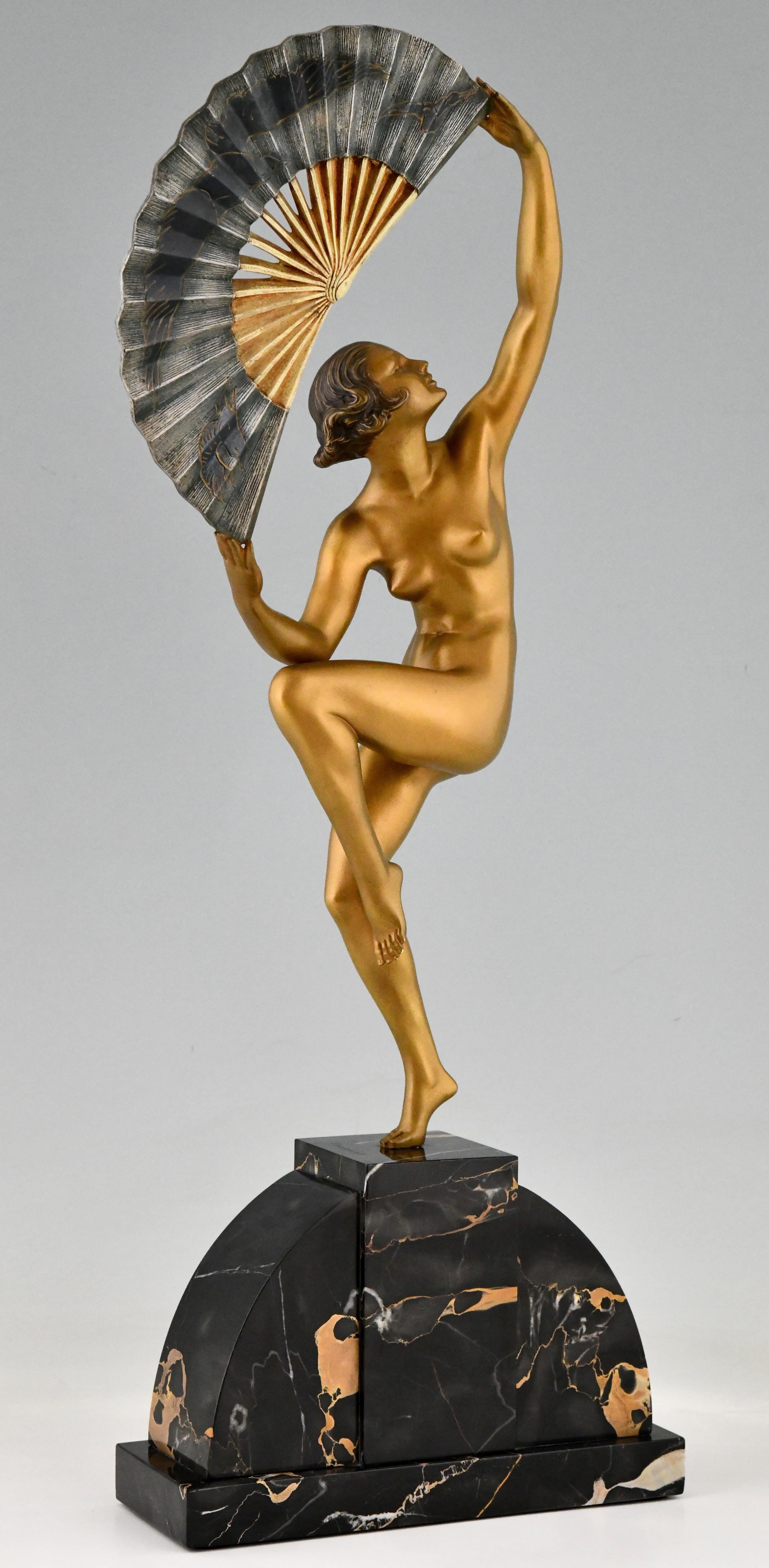 Art Deco Bronze Sculpture Nude Fan Dancer Marcel Andre Bouraine, France, 1925 3