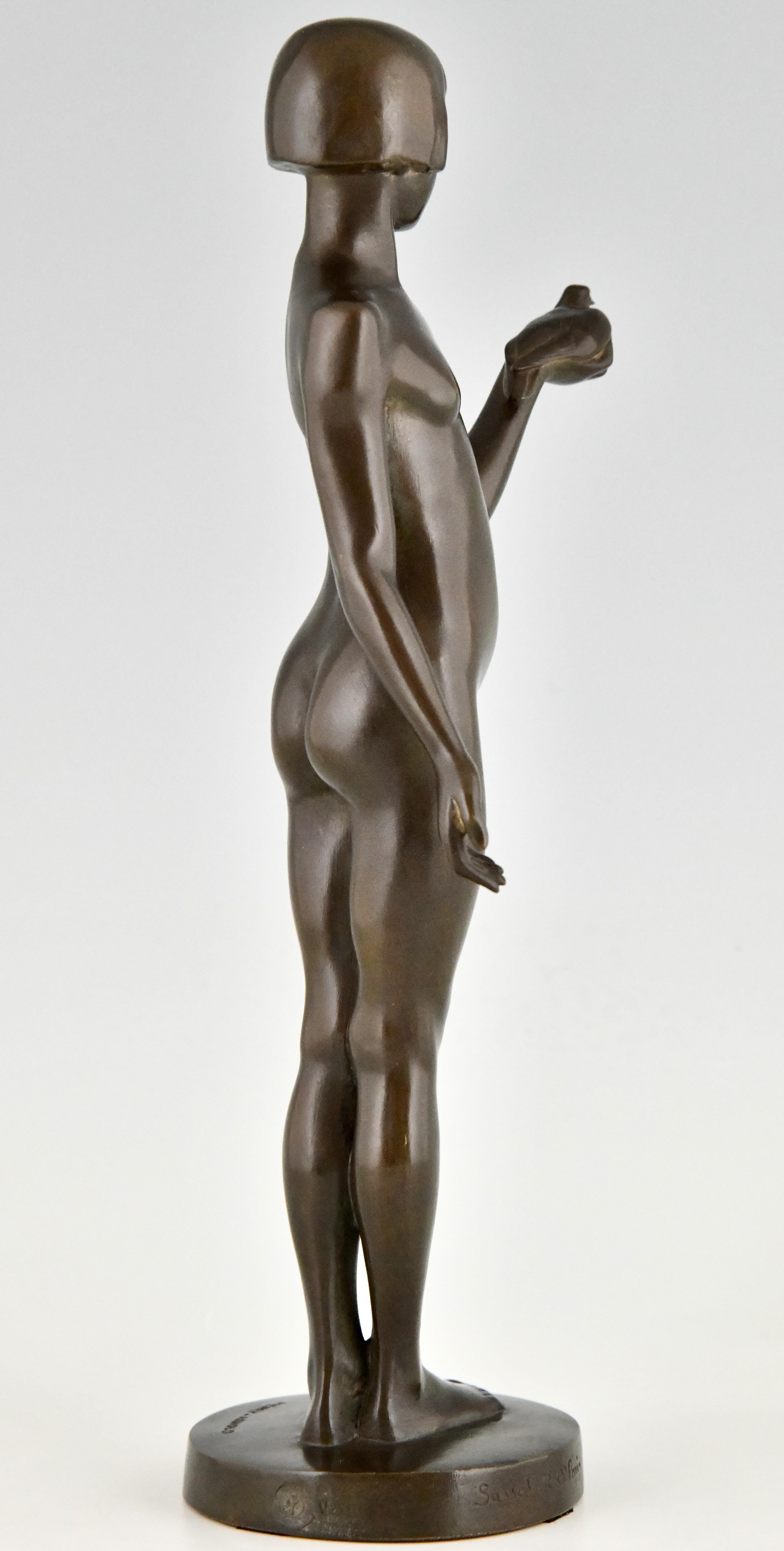 Art Deco bronze sculpture nude girl with dove by Henry Arnold France ...