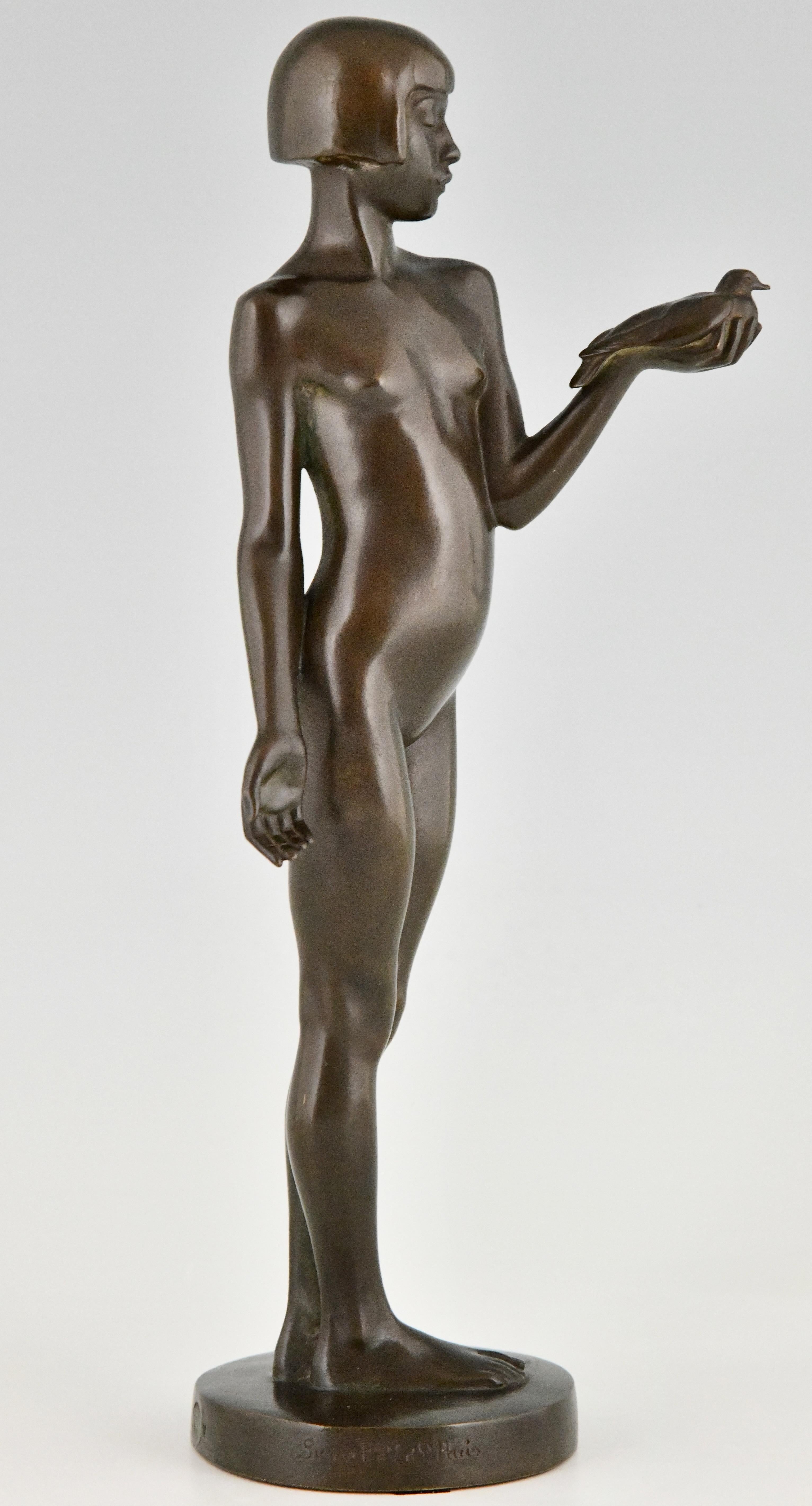 Art Deco bronze sculpture nude girl with dove by Henry Arnold France ...