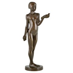 Art Deco bronze sculpture nude girl with dove by Henry Arnold France 1928.