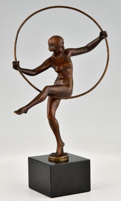 Art Deco Bronze Sculpture Nude Hoop Dancer by Marcel Bouraine France, 1930